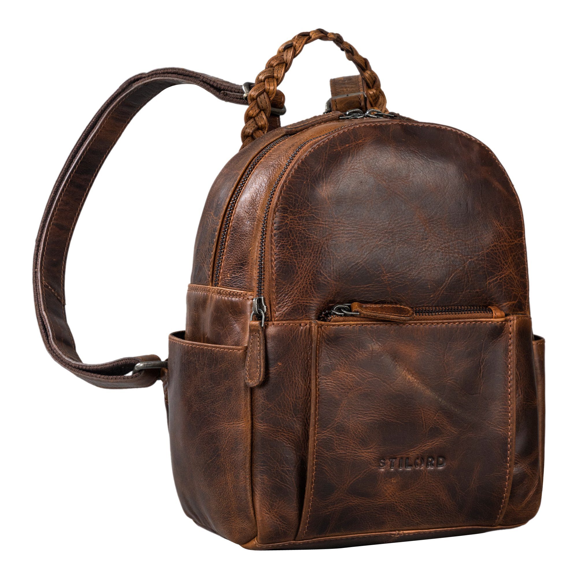 STILORD Cityrucksack "Luna" Eleganter Leder-Rucksack Damen klein mit geflochtenem Henkel