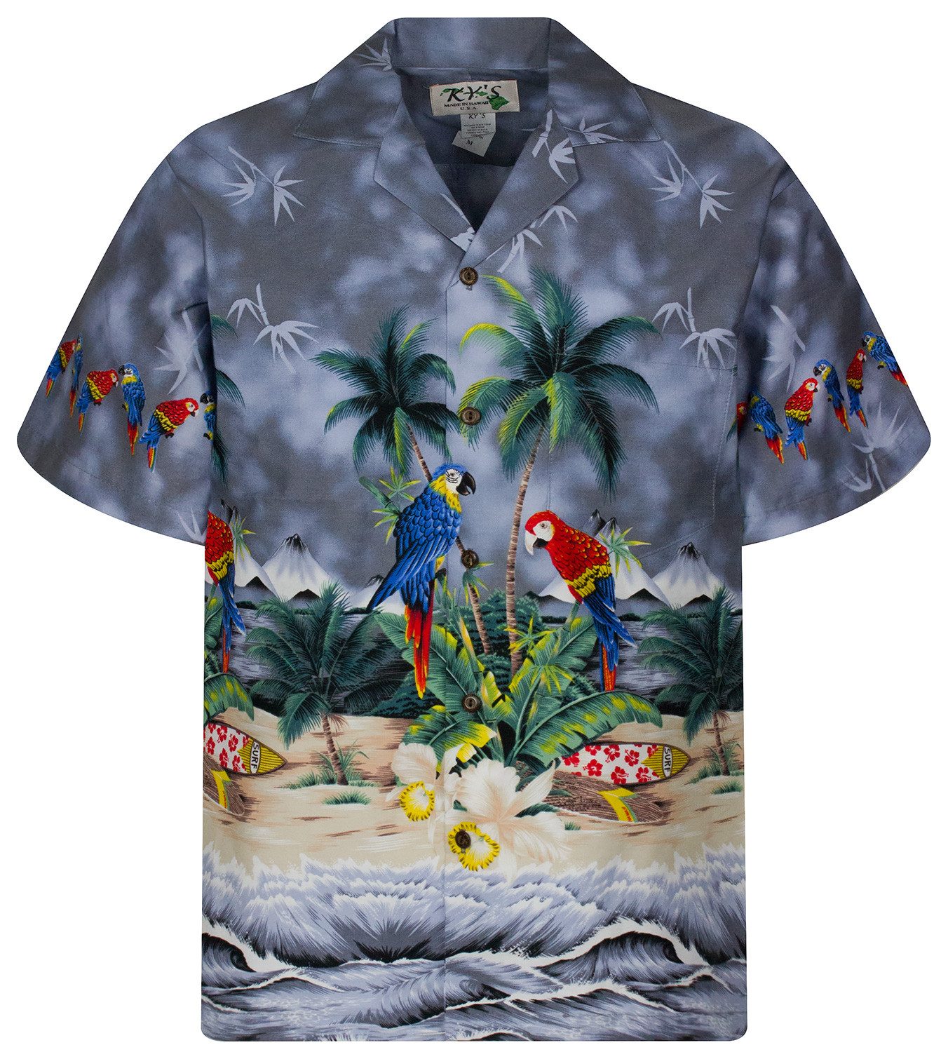 KY's Hawaiihemd Papagei Original Hawaiihemd mit 100% Kokosnuss-Knöpfen