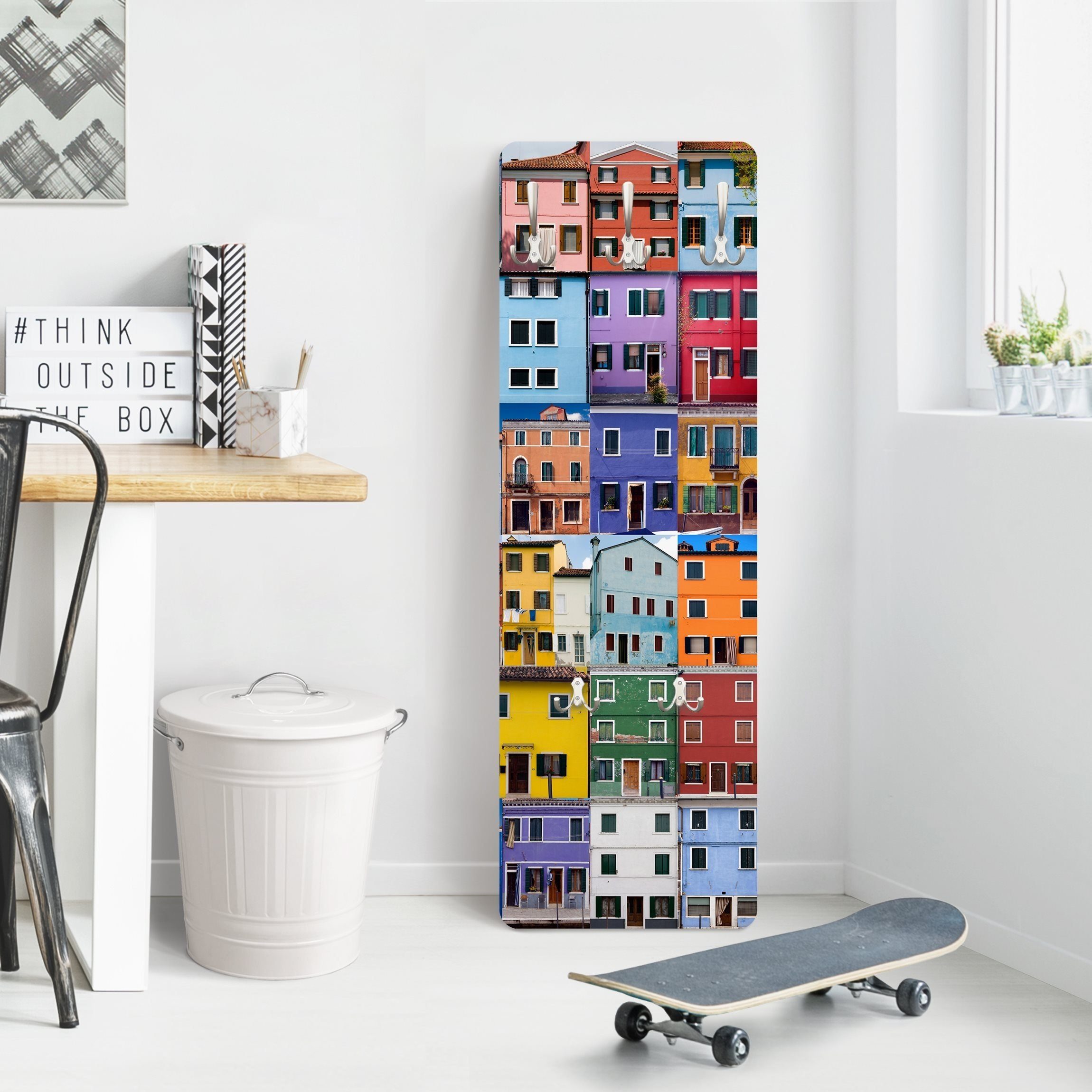 Bilderdepot24 Garderobenpaneel bunt Muster Städte Skyline Venezianische Häuser Design (ausgefallenes Flur Wandpaneel mit Garderobenhaken Kleiderhaken hängend), moderne Wandgarderobe - Flurgarderobe im schmalen Hakenpaneel Design