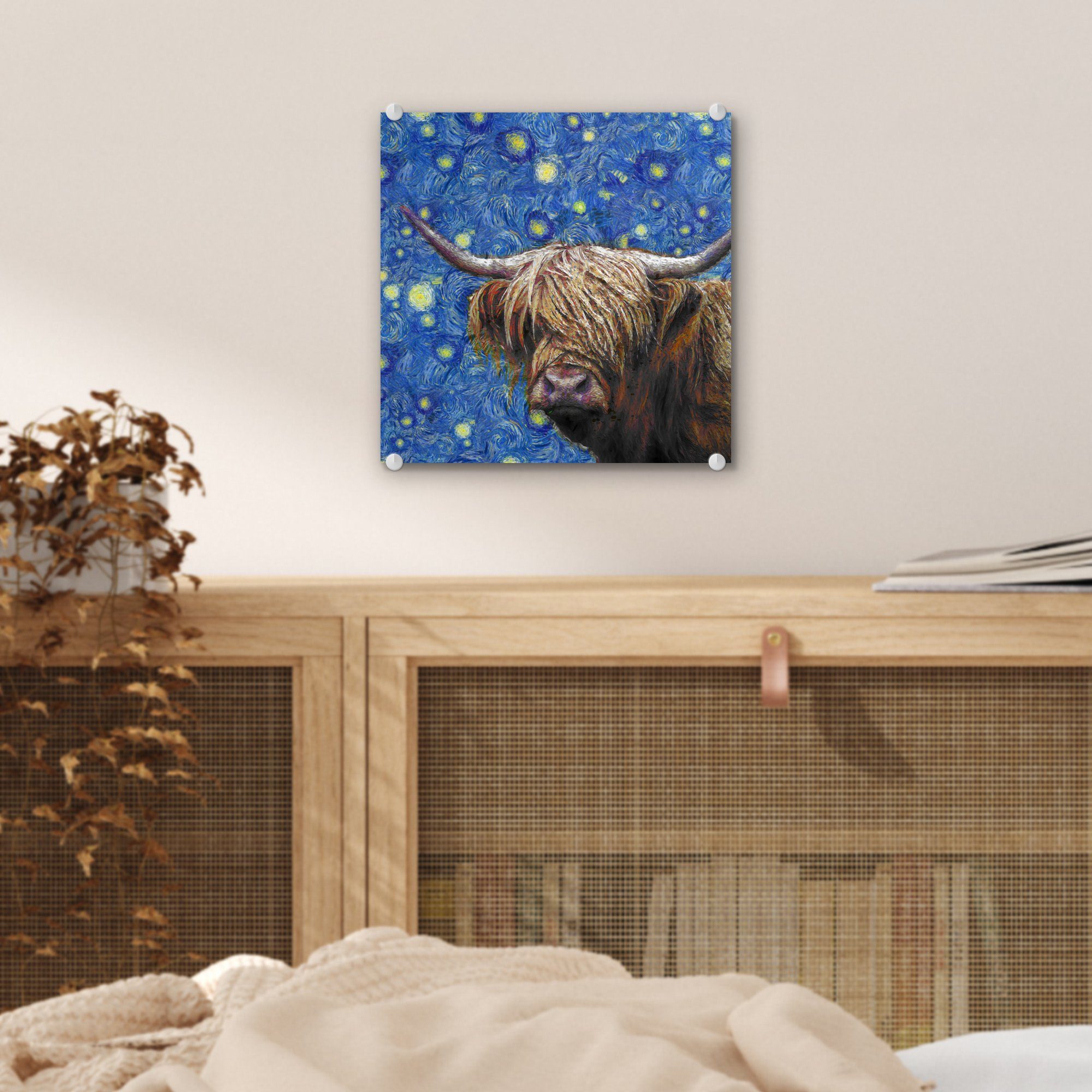 MuchoWow Gogh auf auf - Schottischer - (1 - Highlander, Bilder - Wanddekoration Foto Glas Acrylglasbild Glas Van Wandbild Glasbilder St), Sternennacht -