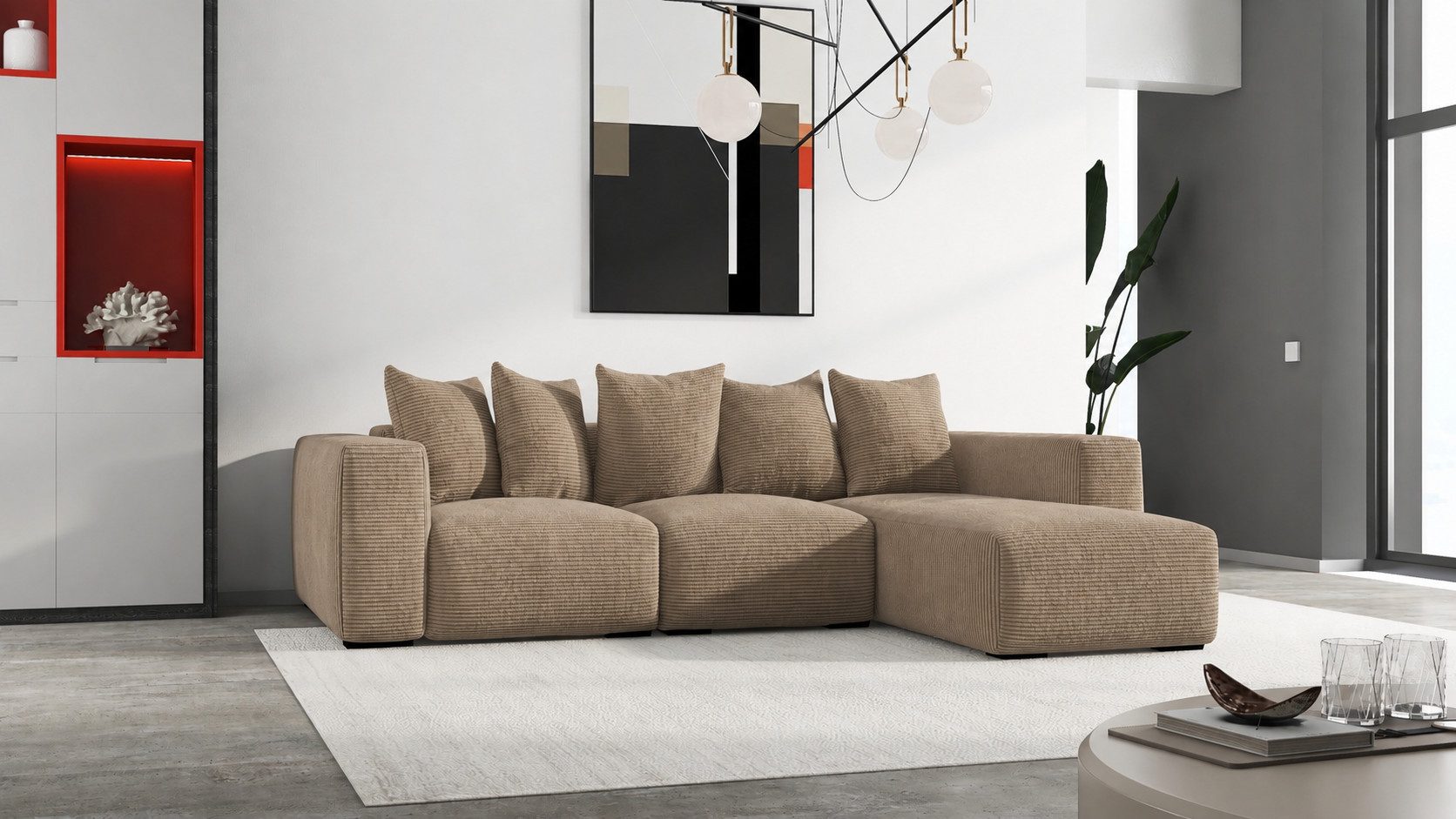 Möbeldreams Ecksofa "Amora" L-Form Sofa mit Ottomane, modernes Lounge-Sofa, Eckcouch mit Rippenbezug, große Sitzfläche für Wohnzimmer