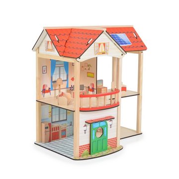 Moni Puppenhaus Holz-Puppenhaus Elly 11-teilig, 2 Etagen, 4 Zimmer, Türe, Küche, Bad