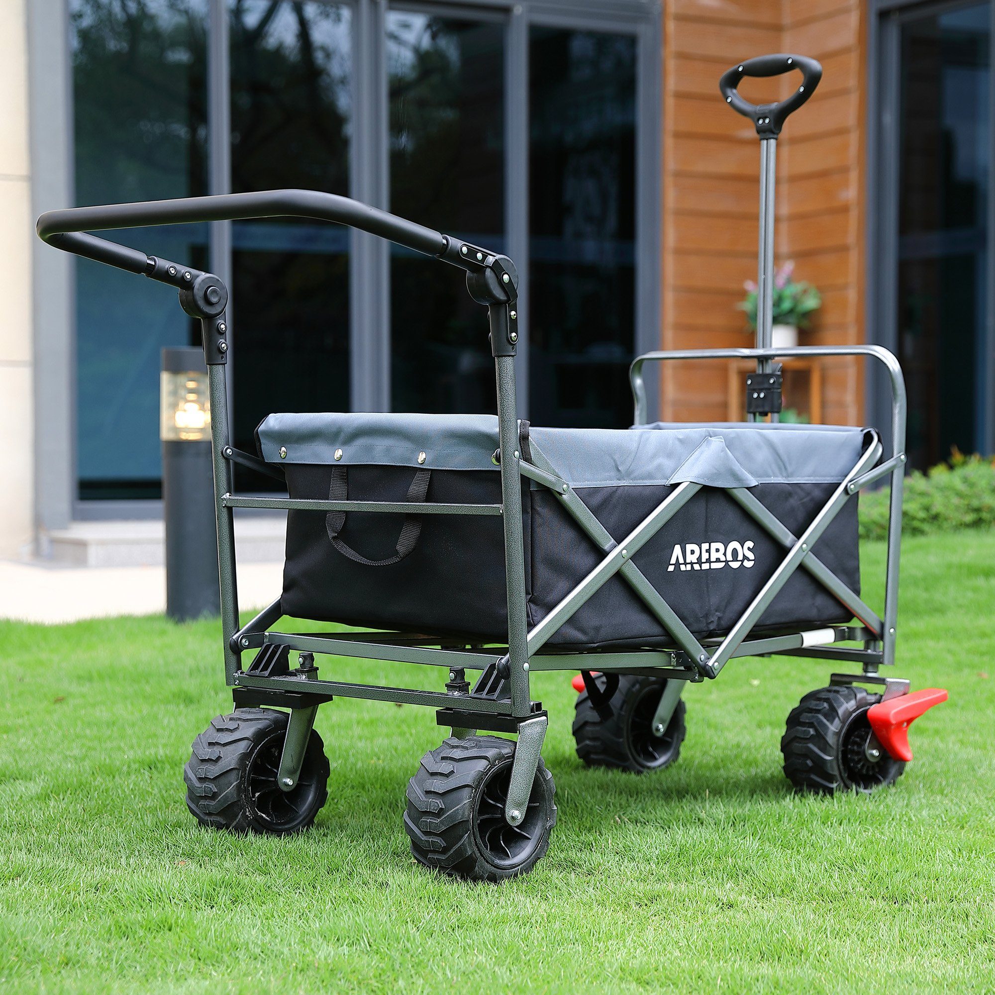 Arebos Bollerwagen Faltbarer Handwagen mit Dach – Transportkarre für Garten & Freizeit, PU-Räder und verstellbaren Griff