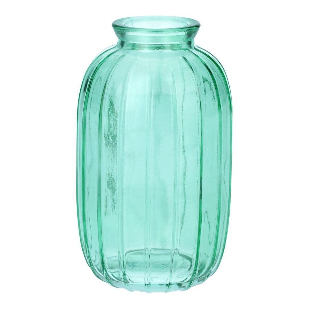 INNA-Glas Dekovase Glasflasche SILVINA aus Glas, Rillen, türkis-klar, 12cm, Ø7cm