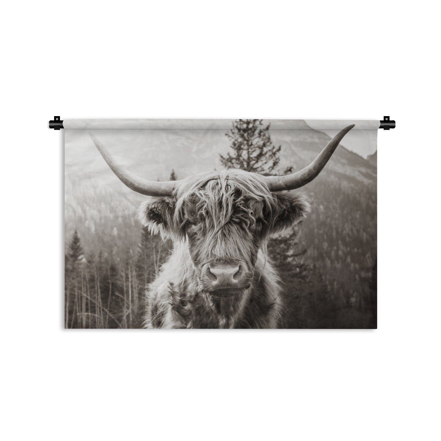 MuchoWow Wanddekoobjekt Schottischer Highlander - Kuh - Tiere - Schwarz - Weiß, Wanddeko für Wohnzimmer, Schlafzimmer, Kleid, Wandbehang, Kinderzimmer