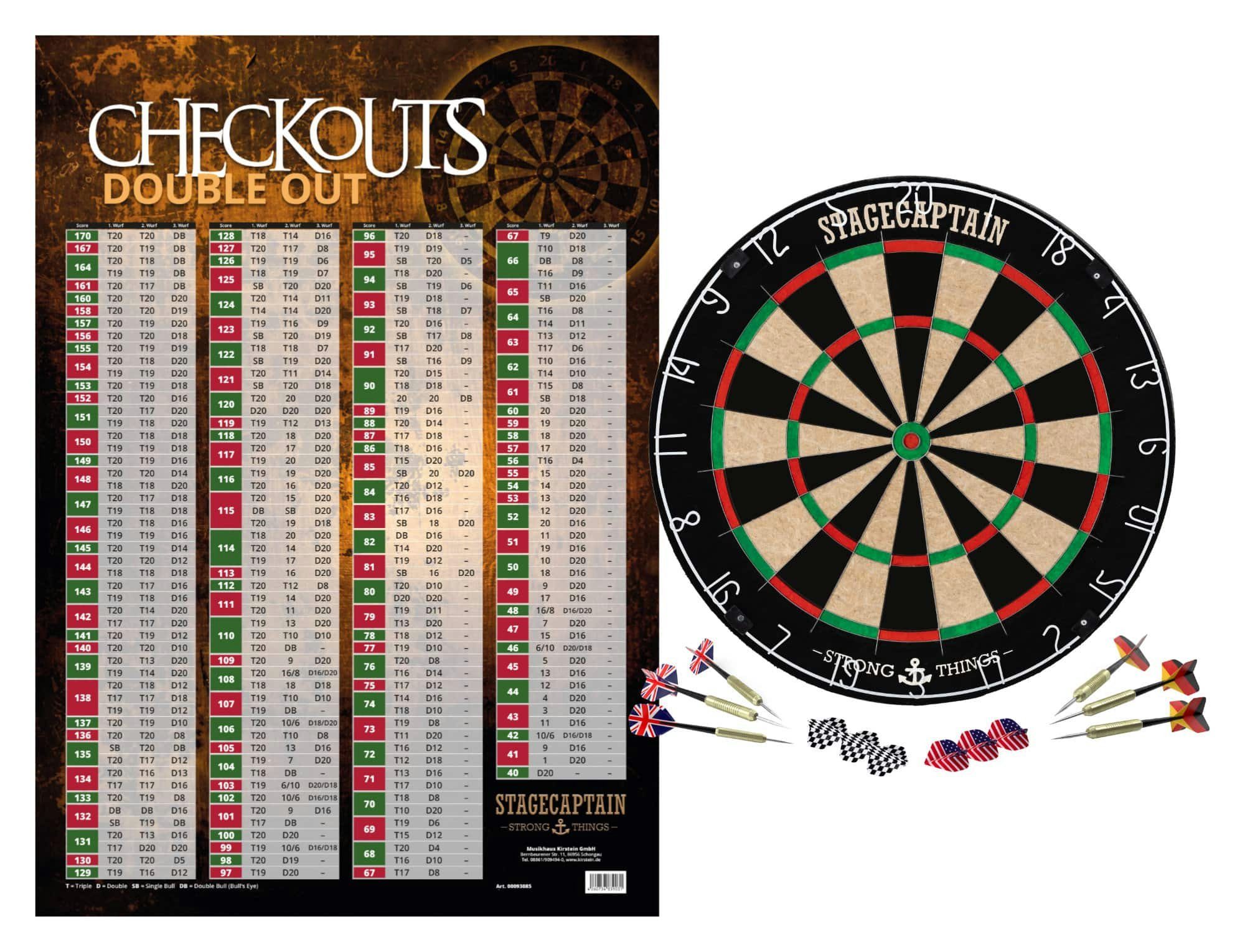 Stagecaptain Dartscheibe DBS-1715 BullsEye Pro Dartscheibe, (Poster Set, inkl. 6 Dartpfeilen, 12 Flights und Checkout-Poster), Steeldartscheibe aus Sisal mit dünnen Drähten