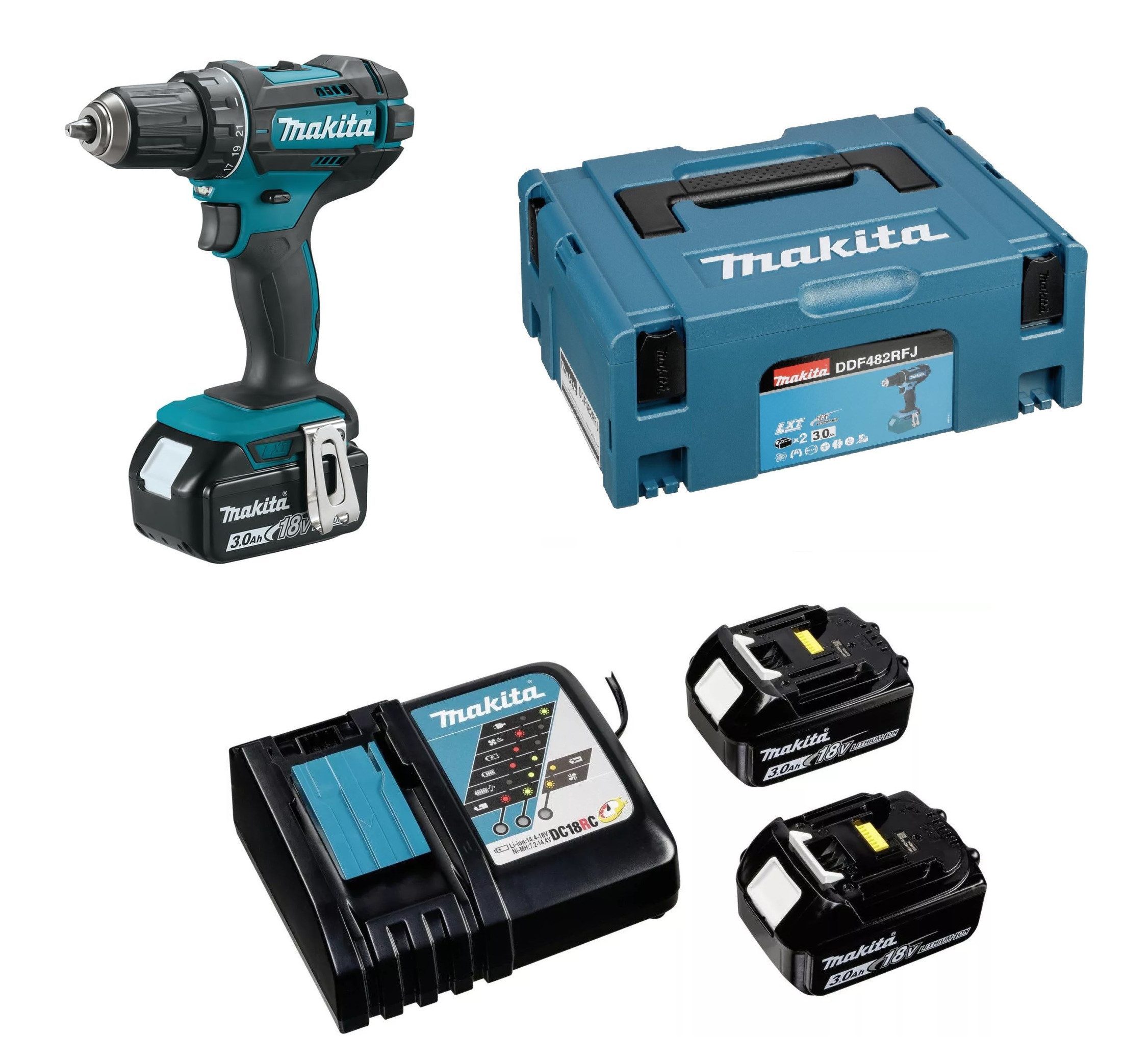 Makita Akku-Bohrschrauber 18V / 3,0 Ah mit 2 Akkus + Ladegerät + Koffer, max. 1900,00 U/min, (Set)