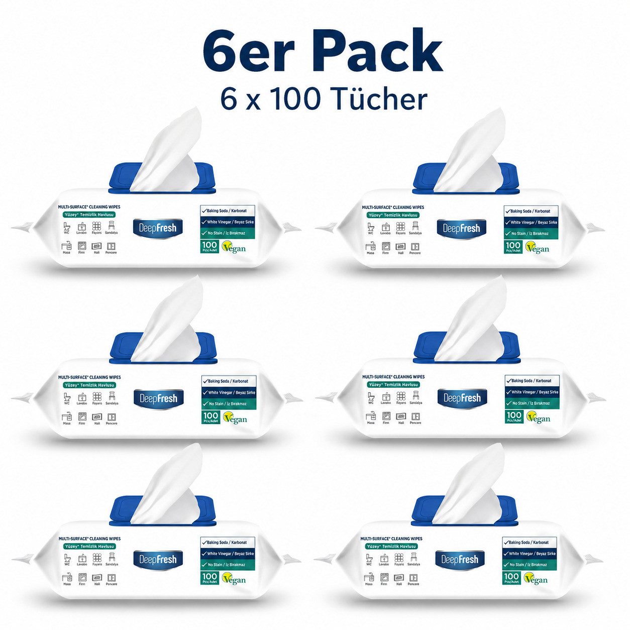 DeepFresh Allzweck-Reinigungstücher, Putztücher zum Putzen für Haushalt & Alltag Reinigungstücher (22x22 cm, 6er-Set, 6-tlg., 6 Packungen mit 600 Tüchern, White Soap Duft, extra breit & dick, OHNE BLEICHMITTEL, mit Natron & weißem Essig, ohne Nachspülen)