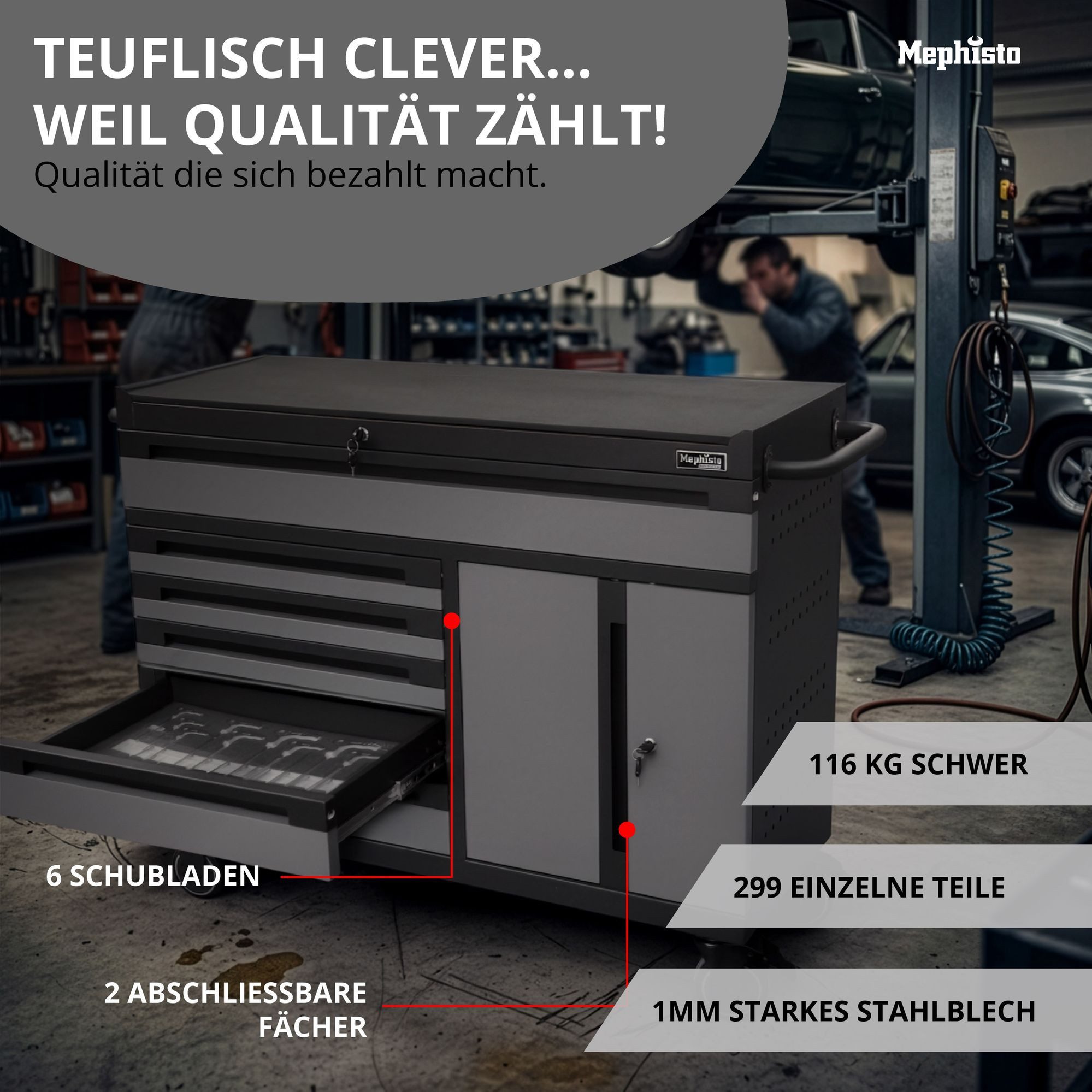 Mephisto-Tools Werkzeugwagen, (fertig montiert und bestückt), 6 Schubladen bis zu 40 kg belastbar & 1 Doppeltür, 4 Schlüssel inkl.