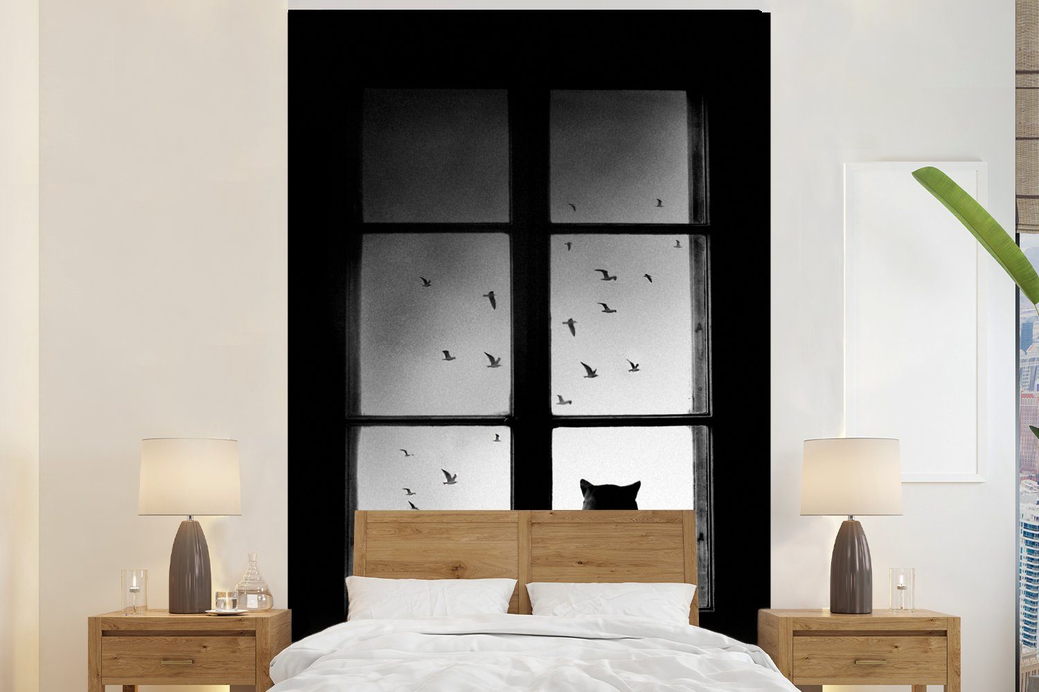 Schwarz Montagefertig Katze (3 St), Fenster, - Wandtapete Tapete - bedruckt, und Vinyl für weiß Fototapete Wohnzimmer, Tiere Matt, - MuchoWow