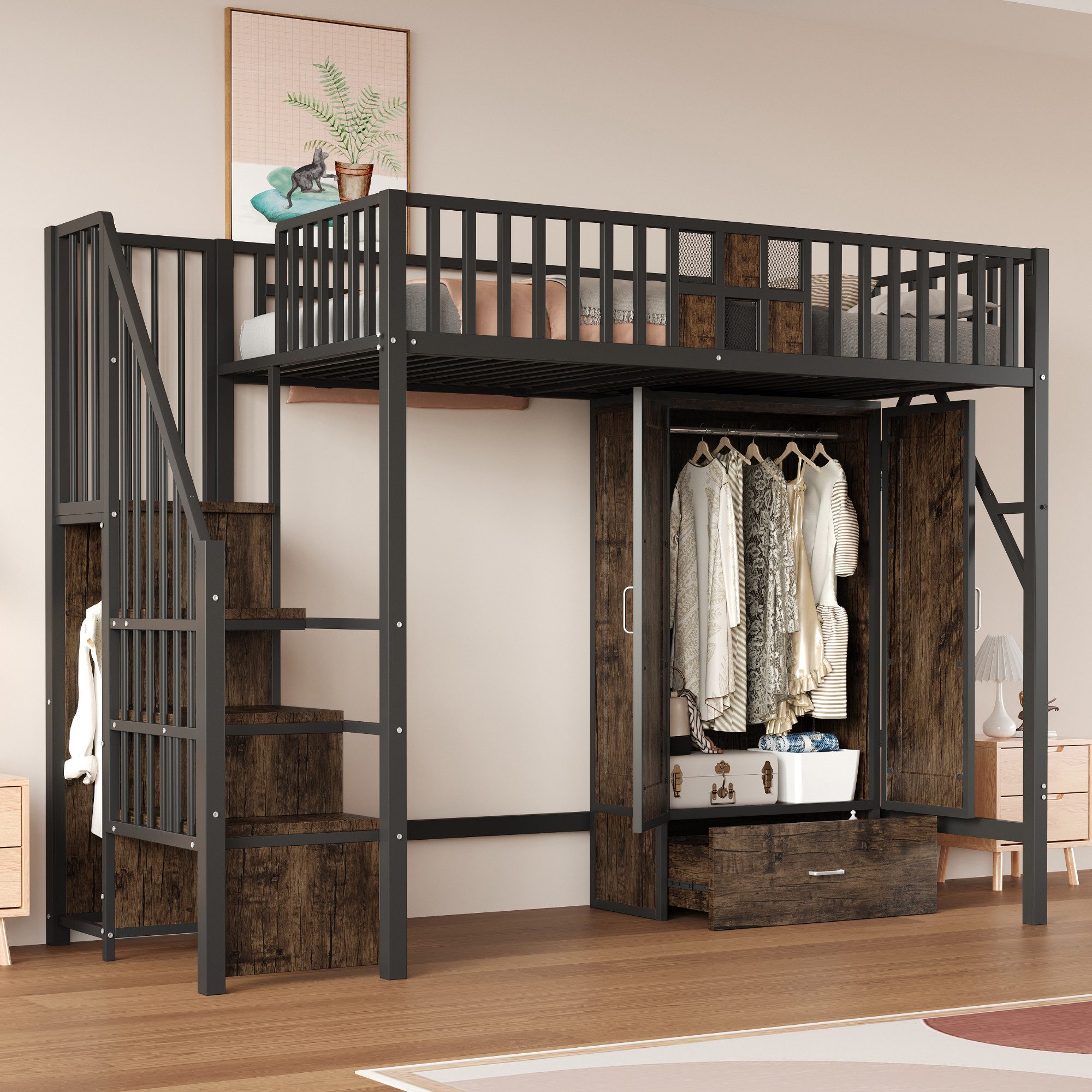 Odikalo Hochbett 90x200 140x200 Jugendbett Kinderbett Metallbett mit Kleiderschrank (Metall-Hochbett 90x200 / 140×200 cm Mit Markantem Geländerdesign Aus Holz und Metallgitter, Komplett Mit Großem Kleiderschrank, Schubladen und Aufbewahrungsleiter, Schwarz)