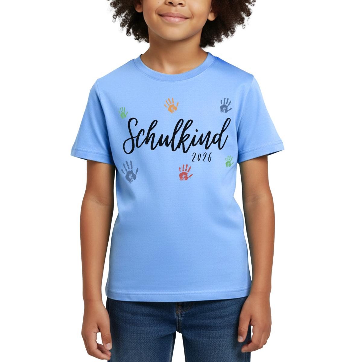 Spreadshirt T-Shirt Schulkind 2026 Bunte Handabdrücke Einschulung Kinder T-Shirt (1-tlg) Fällt klein aus. Wir empfehlen, eine Größe größer zu bestellen.