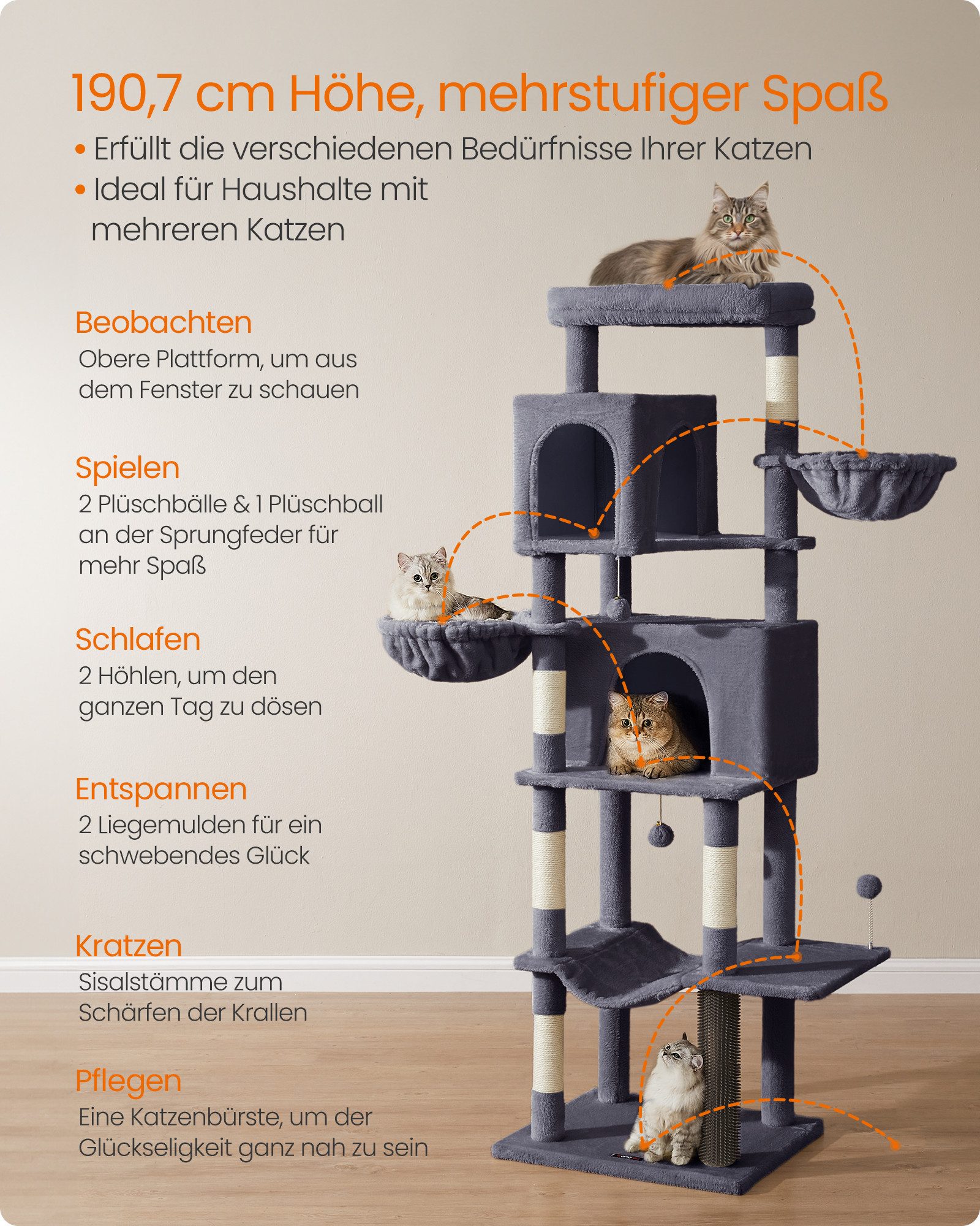 FEANDREA Kratzbaum mehrstöckiger Katzenbaum mit 2 Höhlen, 2 Liegemulden, 5 Kratzsäulen, groß, 190 cm hoch, XXL, Katzenbürste, große Plattform