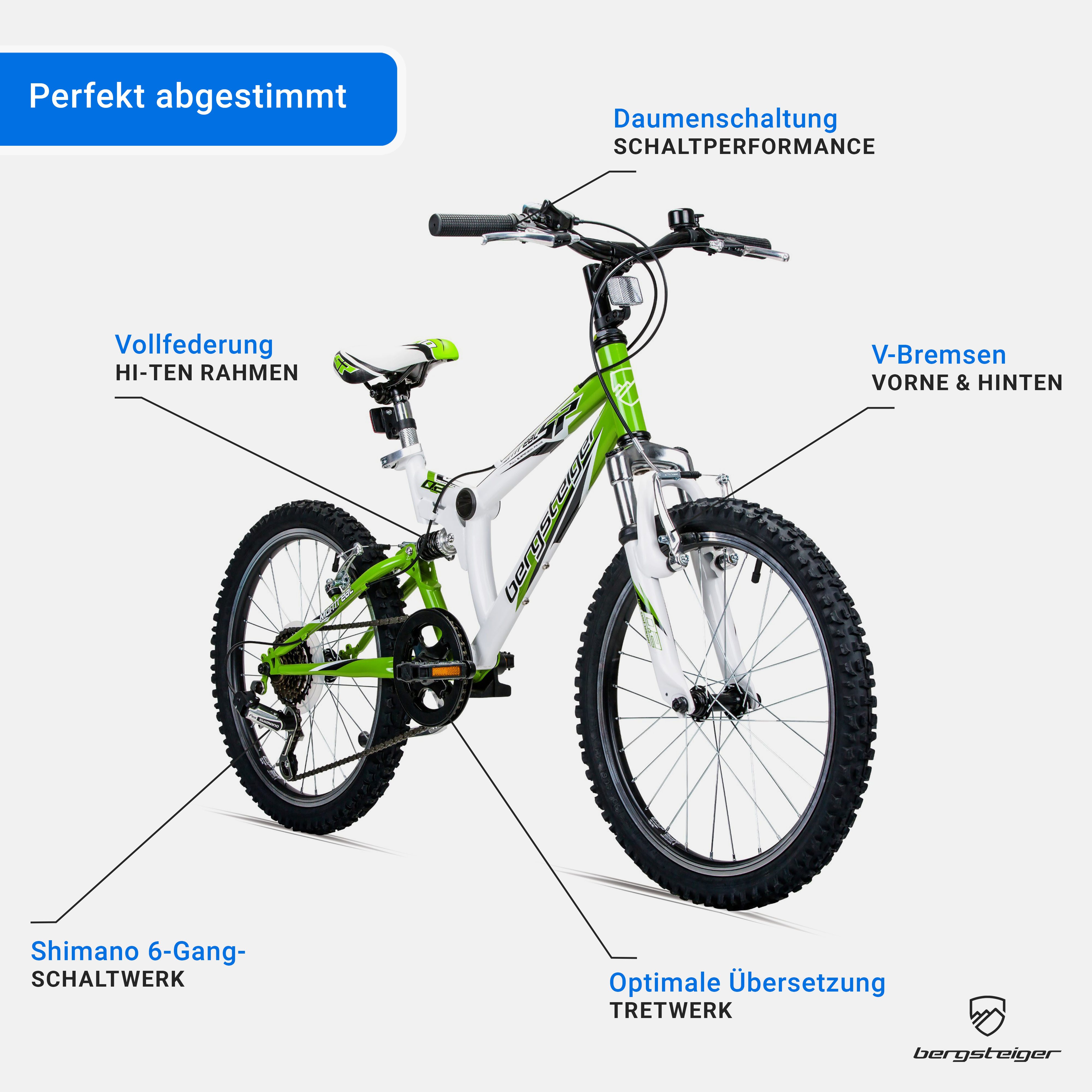 bergsteiger Mountainbike Montreal 20, 24 Zoll Kinderfahrrad, 6 - 13 Jahre, Mädchen, Jungen, 6 Gang Shimano Tourney RD-TY21 Schaltwerk, Kettenschaltung, Scheiben – Bild 5 von 5