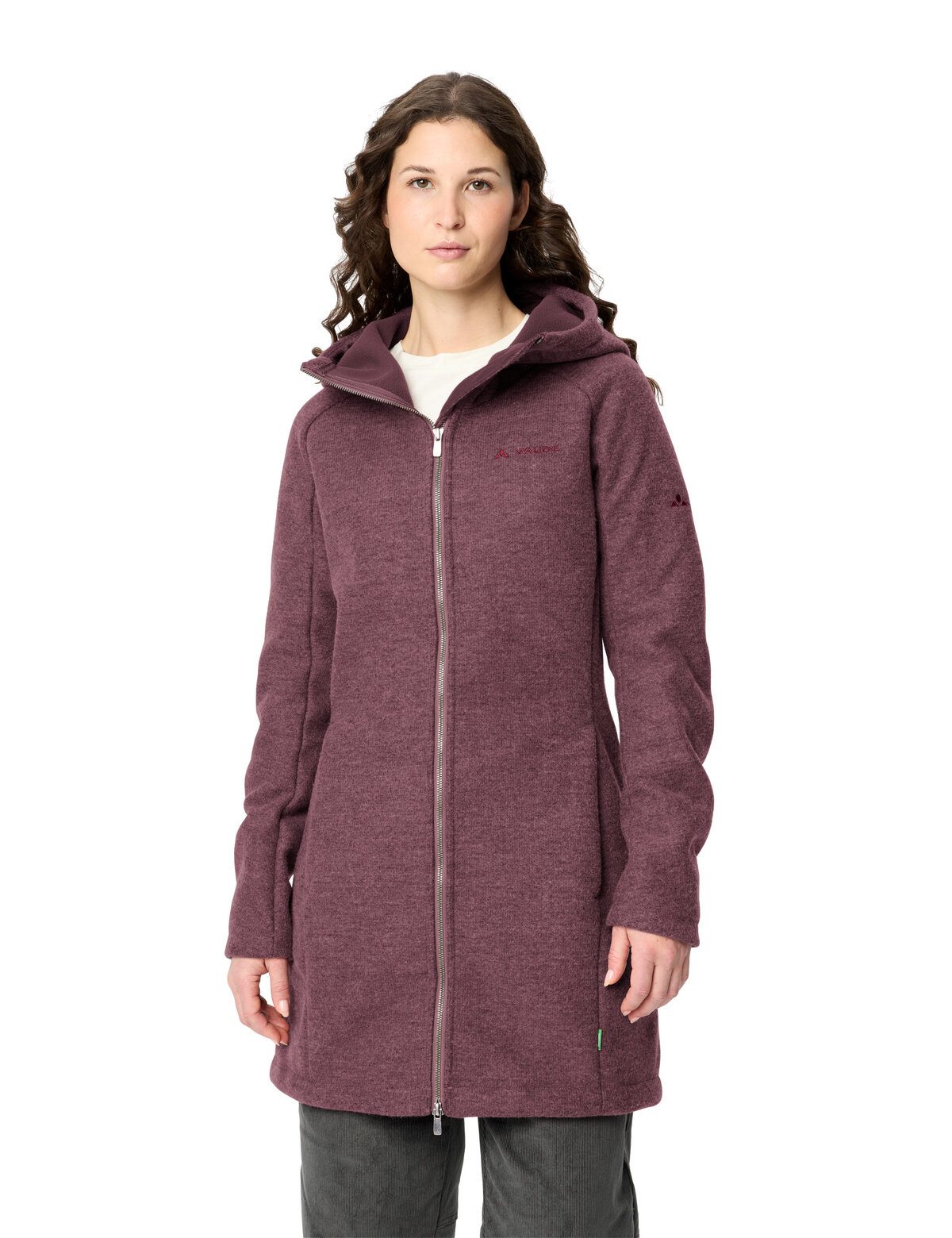 VAUDE Strickfleecejacke WOMEN'S TINSHAN COAT III für den modernen Alltag und Wandern, mit Kapuze, hoher Stehkragen