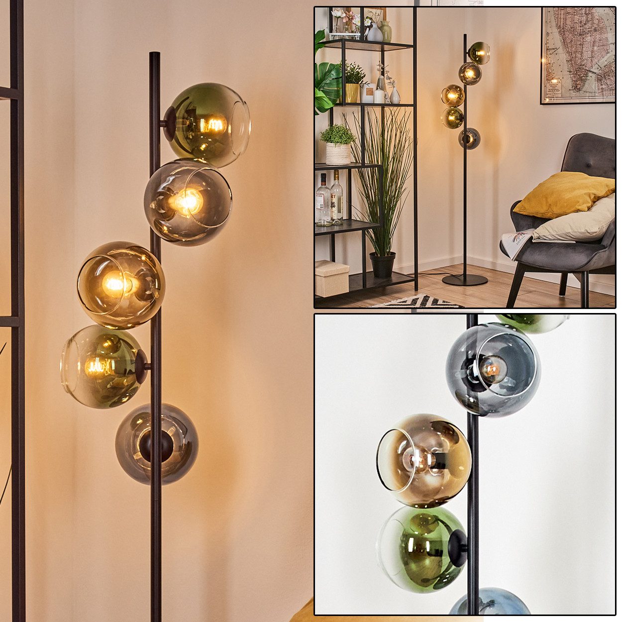 hofstein Stehlampe Stehlampe aus Metall/Glas in Schwarz/Blau/Grün/Gold/Klar, ohne Leuchtmittel, Stehleuchte im Retro/Vintage-Design mit Fußschalter, 160 cm, 5 x E14