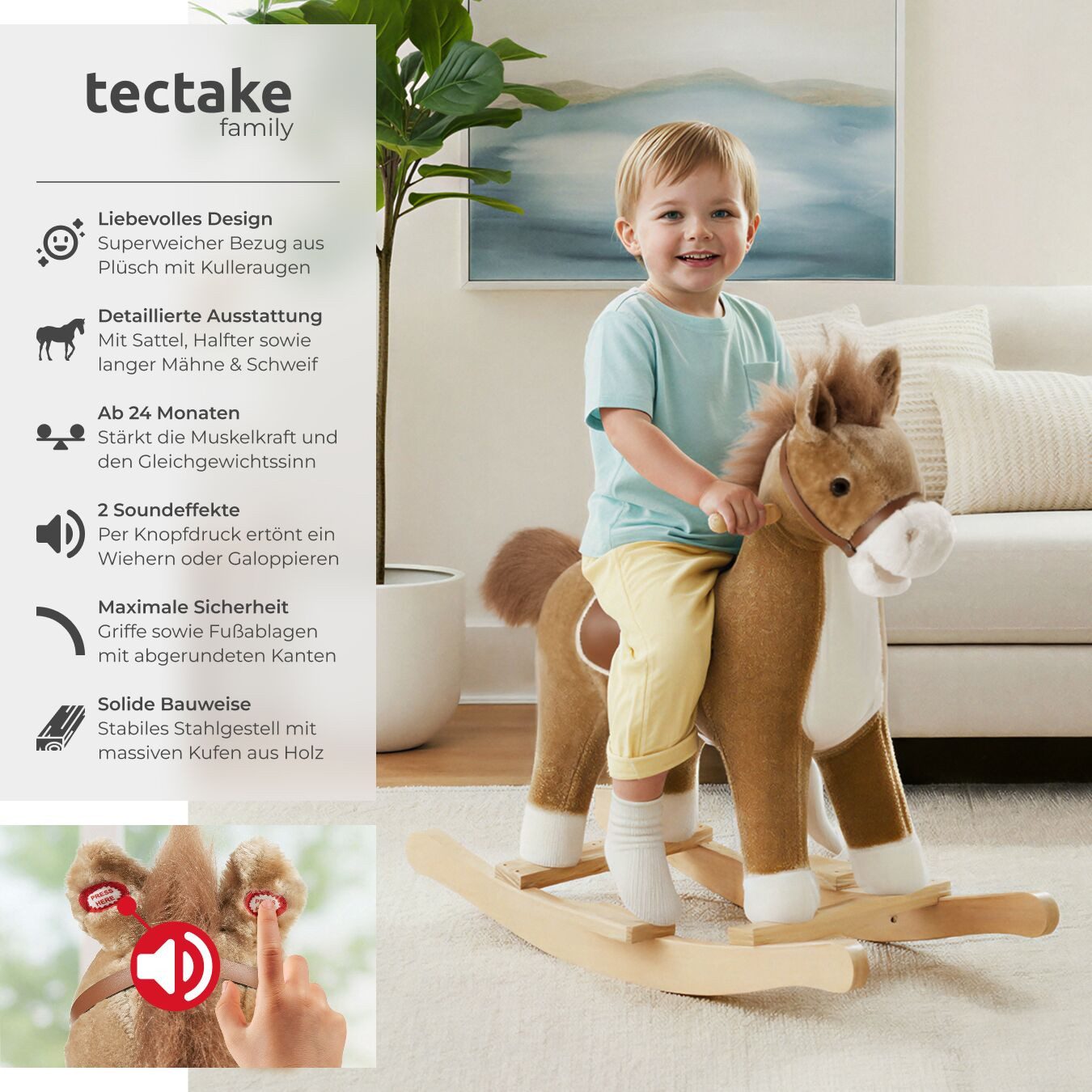 tectake Schaukelpferd, hochwertiges Design, mit 2 Soundeffekten günstig online kaufen