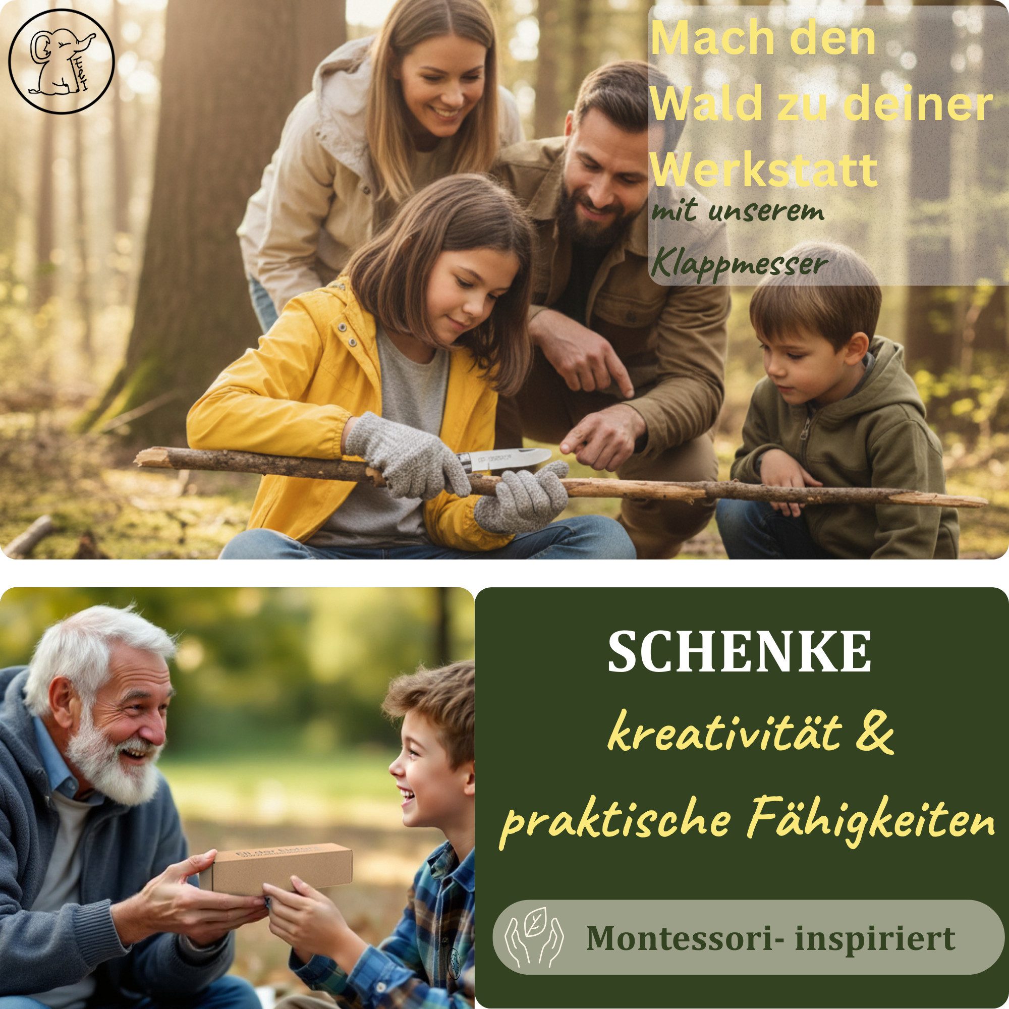 Eli Taschenmesser Schnitzmesser Kinder - Kindermesser mit Filztasche Kindertaschenmesser, (Schnitzwerkzeug - Outdoor Messer, Kinderschnitzmesser - Griff aus Buchenholz), inkl. schnittfeste Handschuhe - Beidhändig - rostfreier Stahl