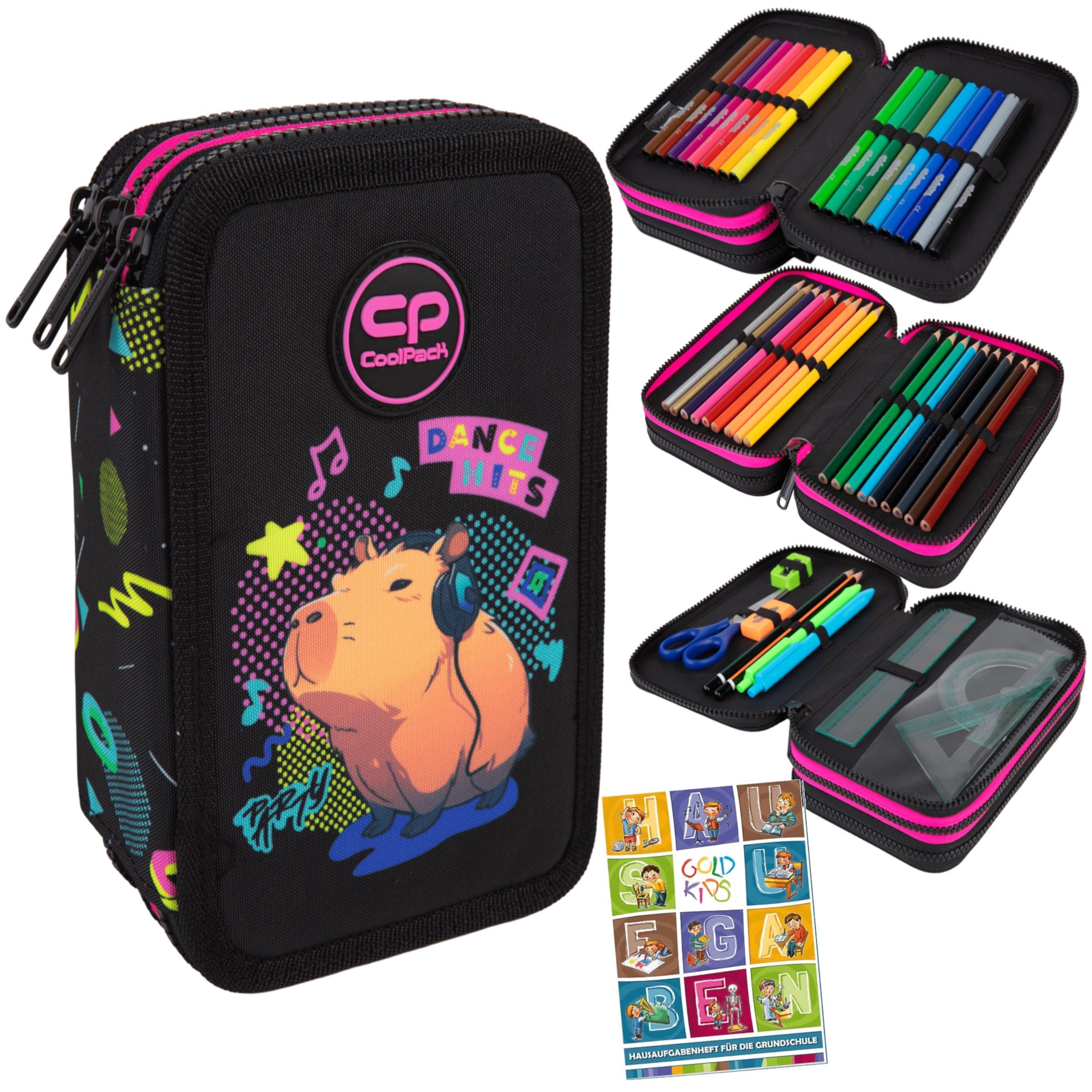 GOLDKIDS Federmäppchen 3 Fächer - Mäppchen für für Mädchen und Jungen -, (Federmappe 3-Fach, Federtasche Gefüllte Schüleretui), Schulmäppchen und Hausaufgabenheft