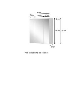 möbelando Spiegelschrank Porta Moderner Spiegelschrank, Korpus aus melaminharzbeschichteter Spanplatte in weiß mit 3 Spiegeltüren und 6 Glaseinlegeböden, ohne Beleuchtung, Breite 60 cm, Höhe 54 cm, Tiefe 20 cm