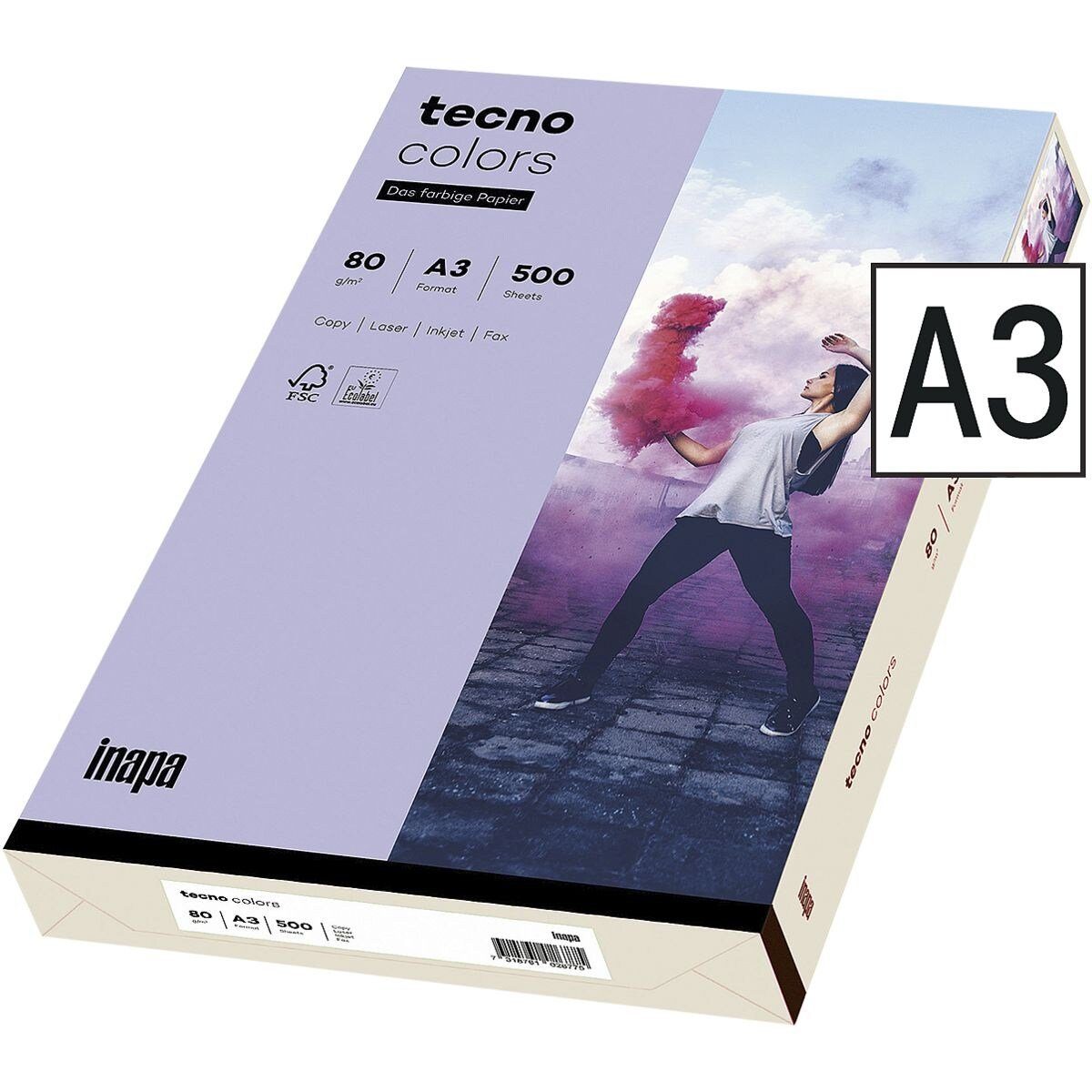 Inapa tecno Drucker- und Kopierpapier Rainbow / tecno Colors, Pastellfarben, Format DIN A3, 80 g/m², 500 Blatt violett