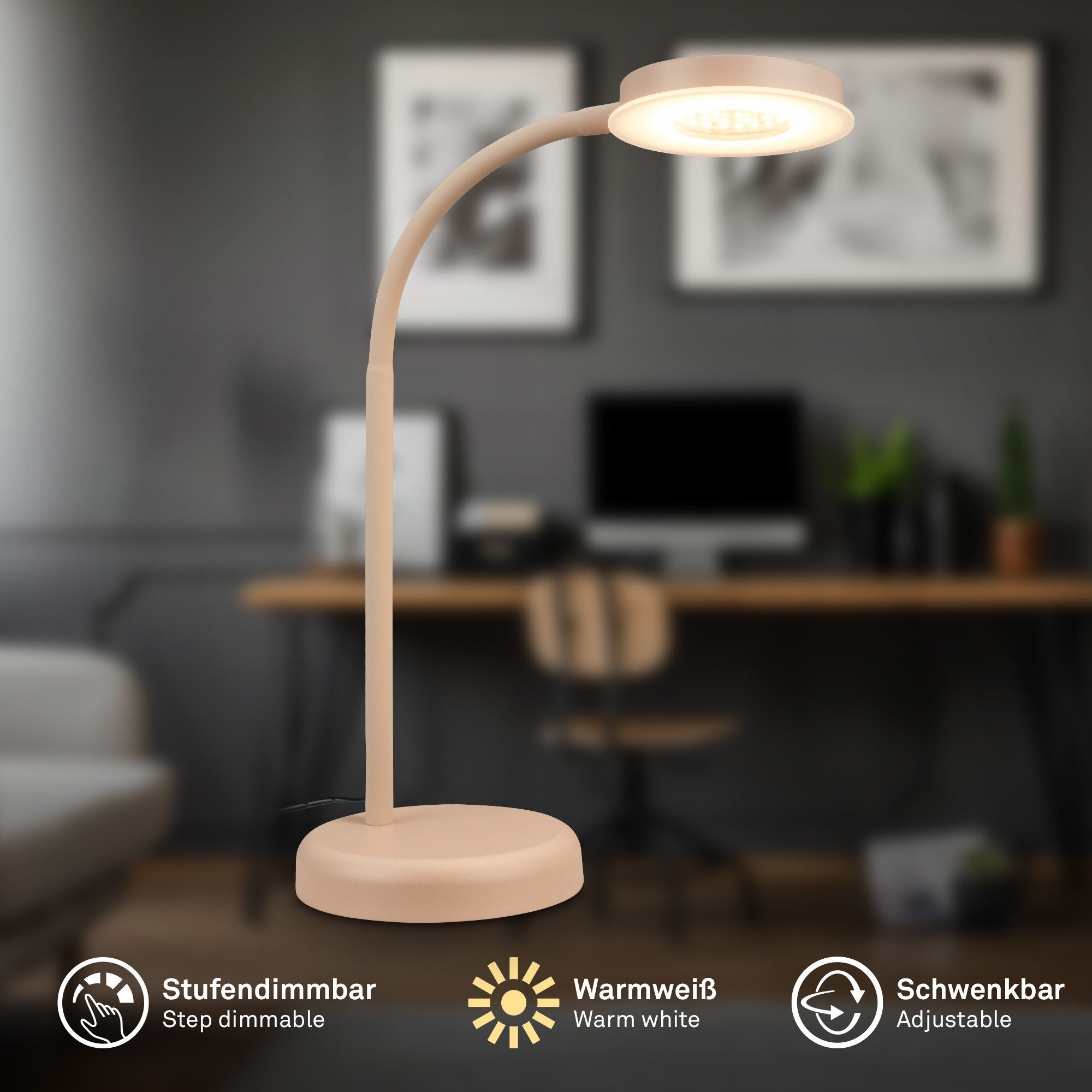 Briloner Leuchten LED Tischleuchte Schreibtischlampe modern Büro Nachttischlampe dimmbar Home Office, 3000K, 13x55,5 cm 8W Leselampe Büro Schlafzimmer Schwarz Beige