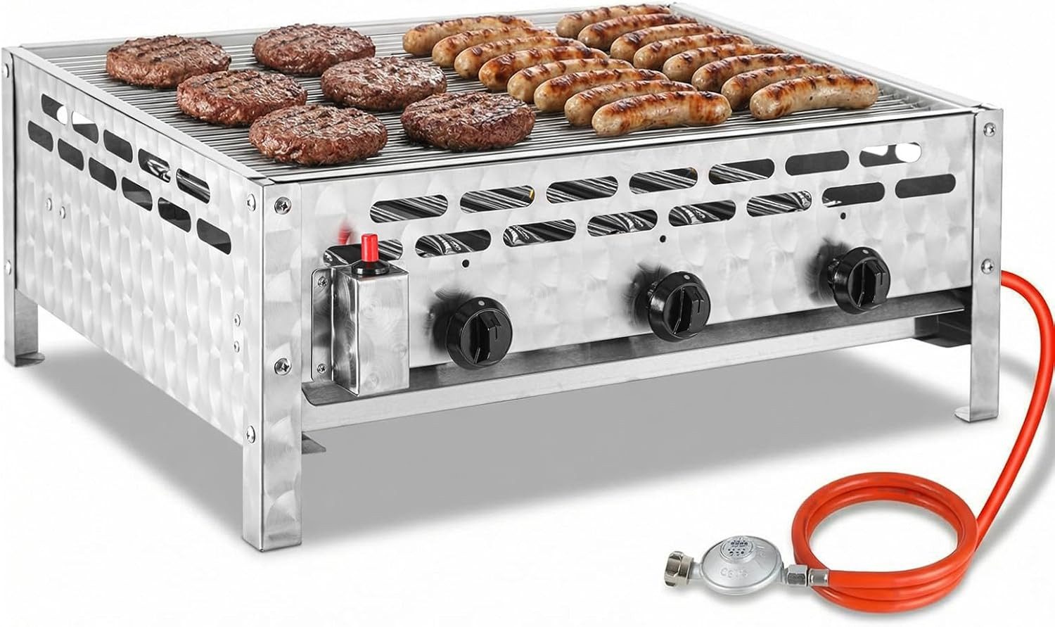 TLGREEN Camping-Gasgrill Edelstahl Gasgrill 3-flammig 12 kW, mit verchromtem Grillrost 59,5x48 cm, Tischgasgrill für Garten Outdoor Balkon Camping Gastronomie, Wurstbrater mit Piezo-Zündung & Fettauffangschale