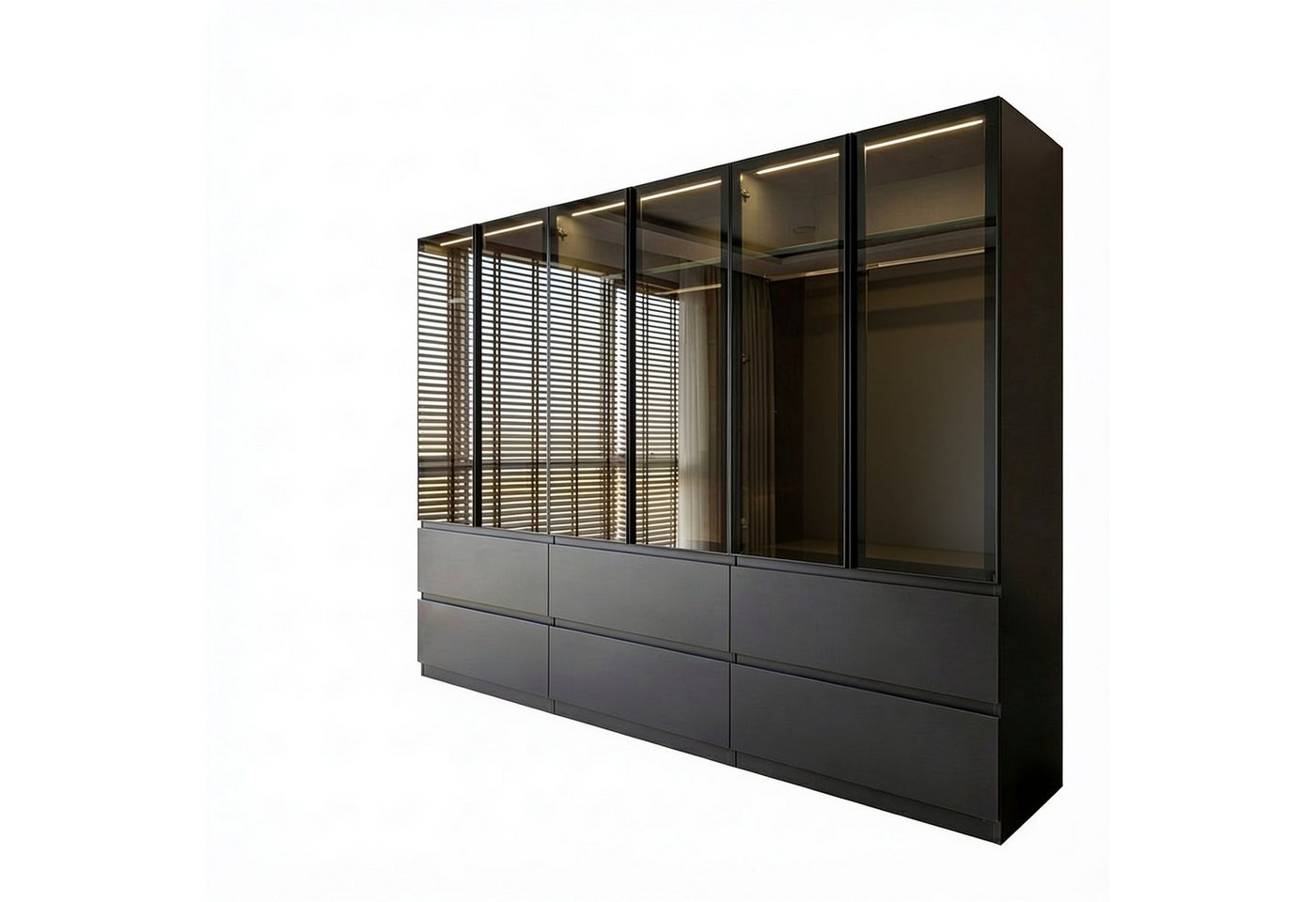 Palms-Store Kleiderschrank Sansibar mit Glastüren, 6 Schubkasten inkl. Beleuchtung Breite: 300cm, Höhe: 218cm, Tiefe: 62cm
