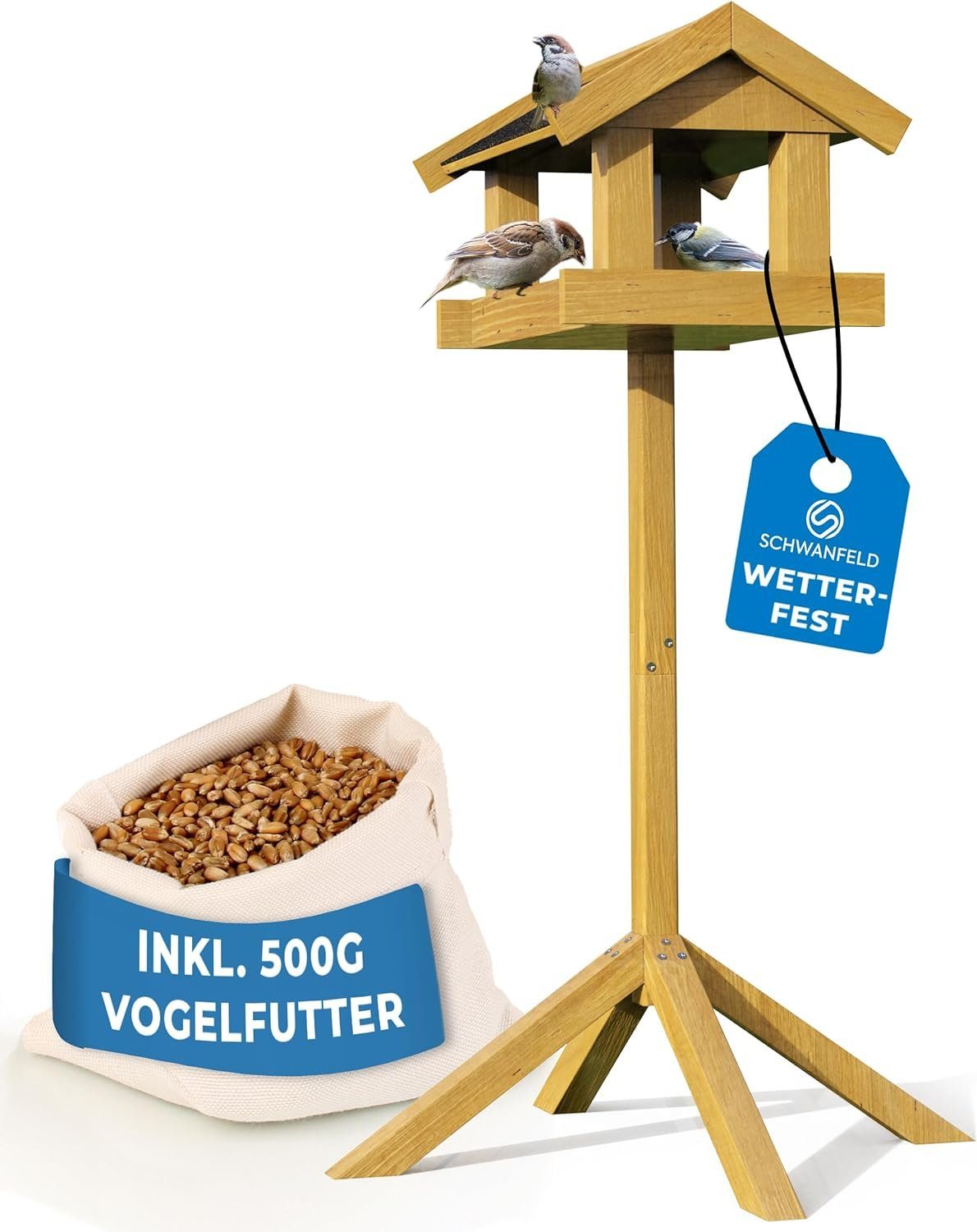 Schwanfeld Vogelhaus mit Ständer wetterfest [FÜR ALLE VOGELARTEN] -, inkl. 500g Vogelfutter - Vogelfutterhaus mit Ständer wetterfest