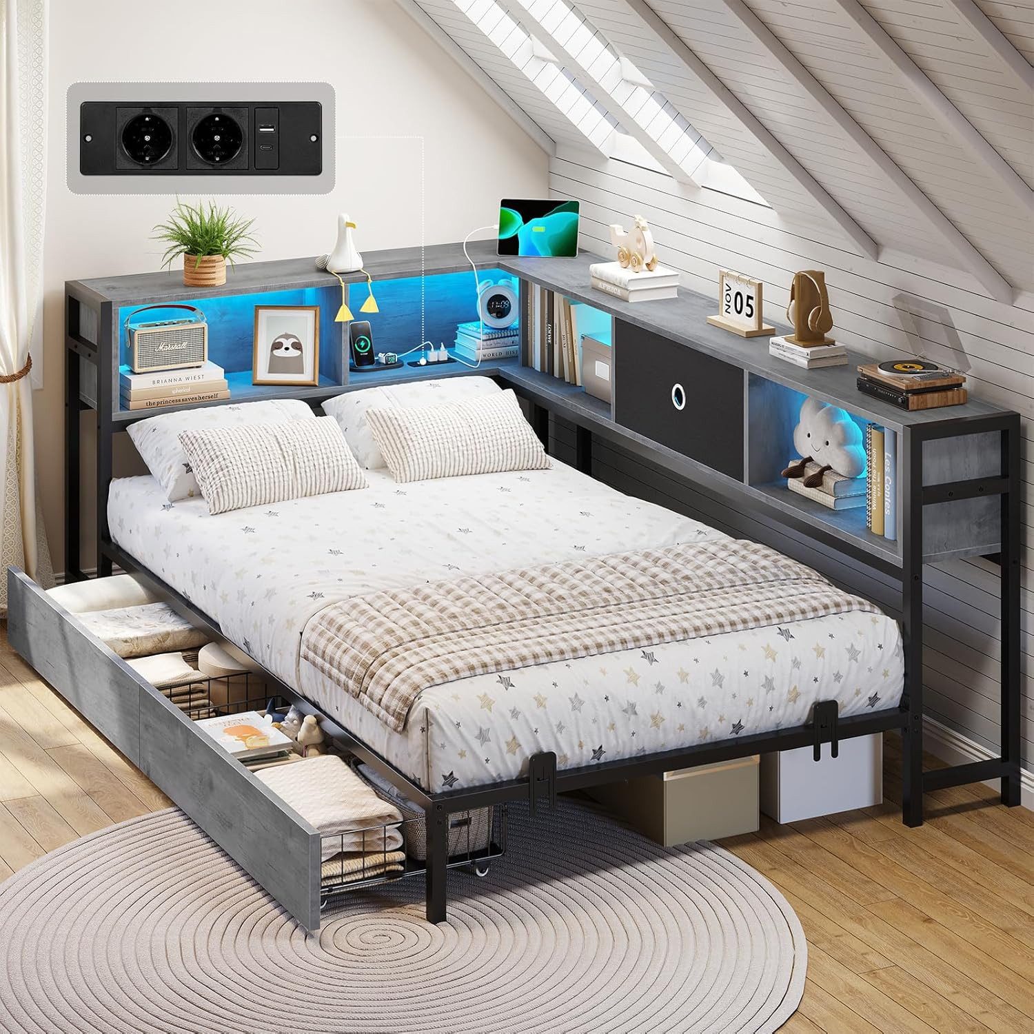 MSMASK Daybett Schlafsofa mit LED-Beleuchtung und Steckdose, Kinderbett, Jugendbett (1 tlg), Bett mit Metallrost, 90x190cm