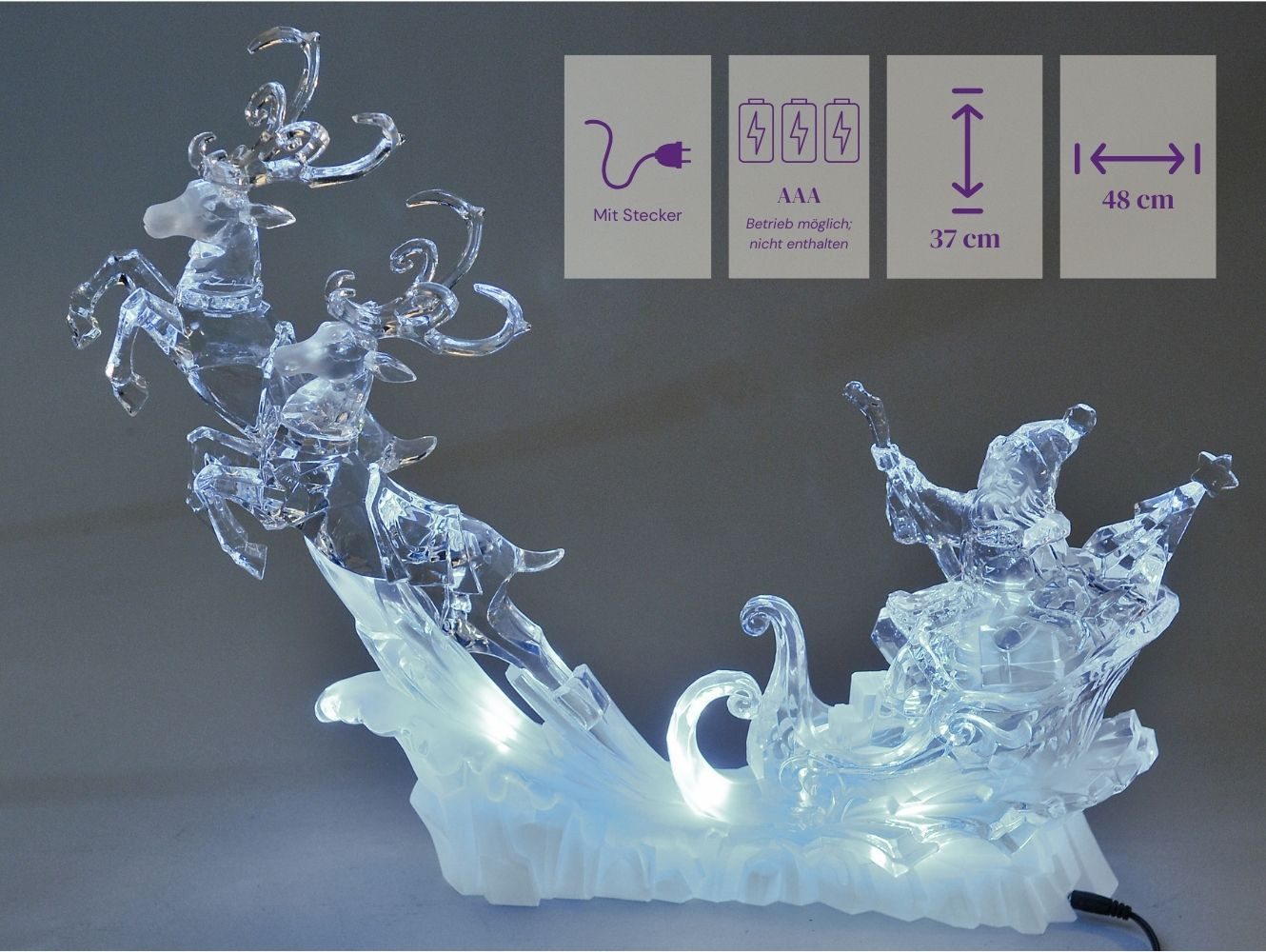 formano Skulptur Acryl, mit Adapter, Transparent, Motiv: Santa mit Schlitten und Rentieren