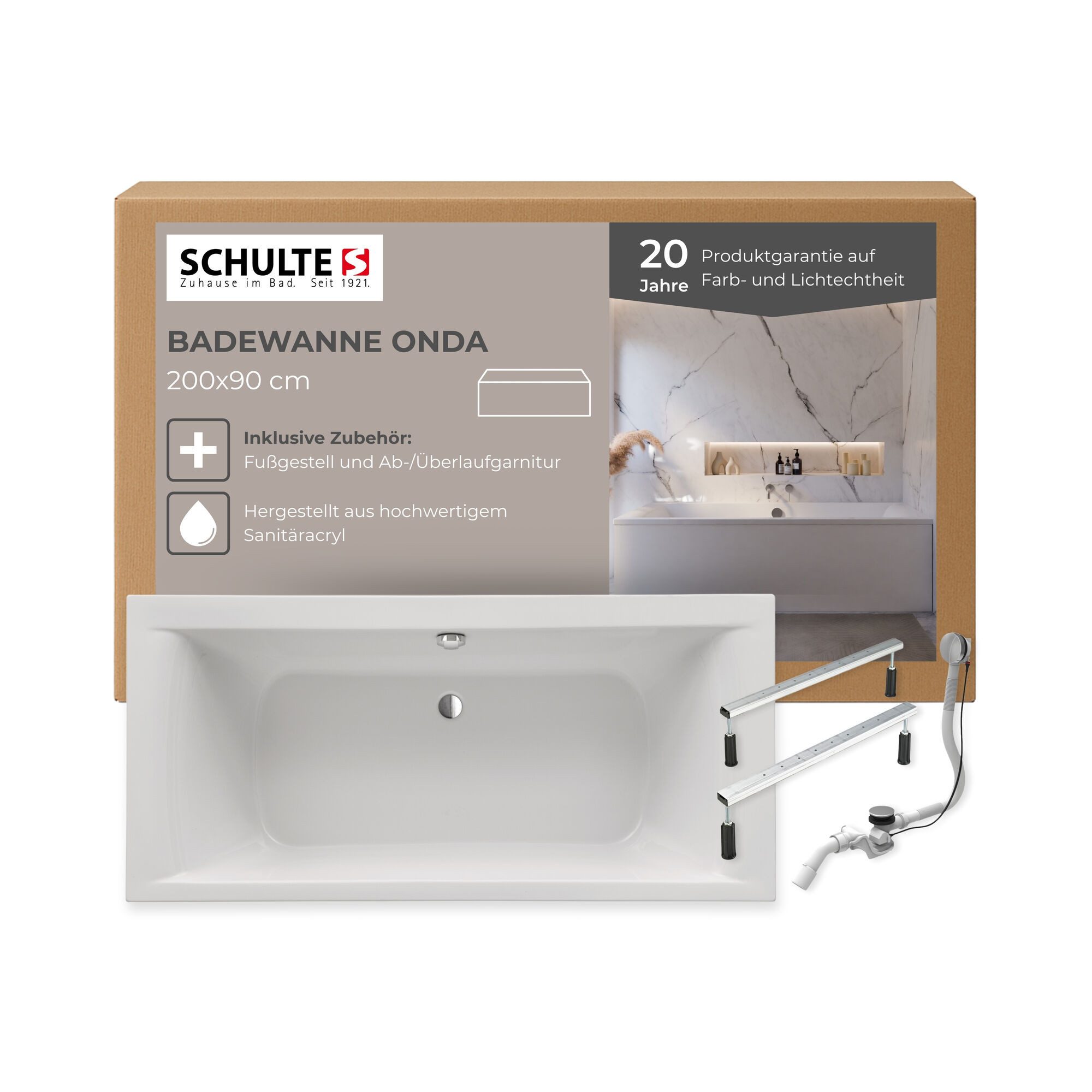 Schulte Badewanne Rechteck Onda, 200x90 cm Sanitäracryl Weiß Komplett-Set mit Fußgestell und Ablauf