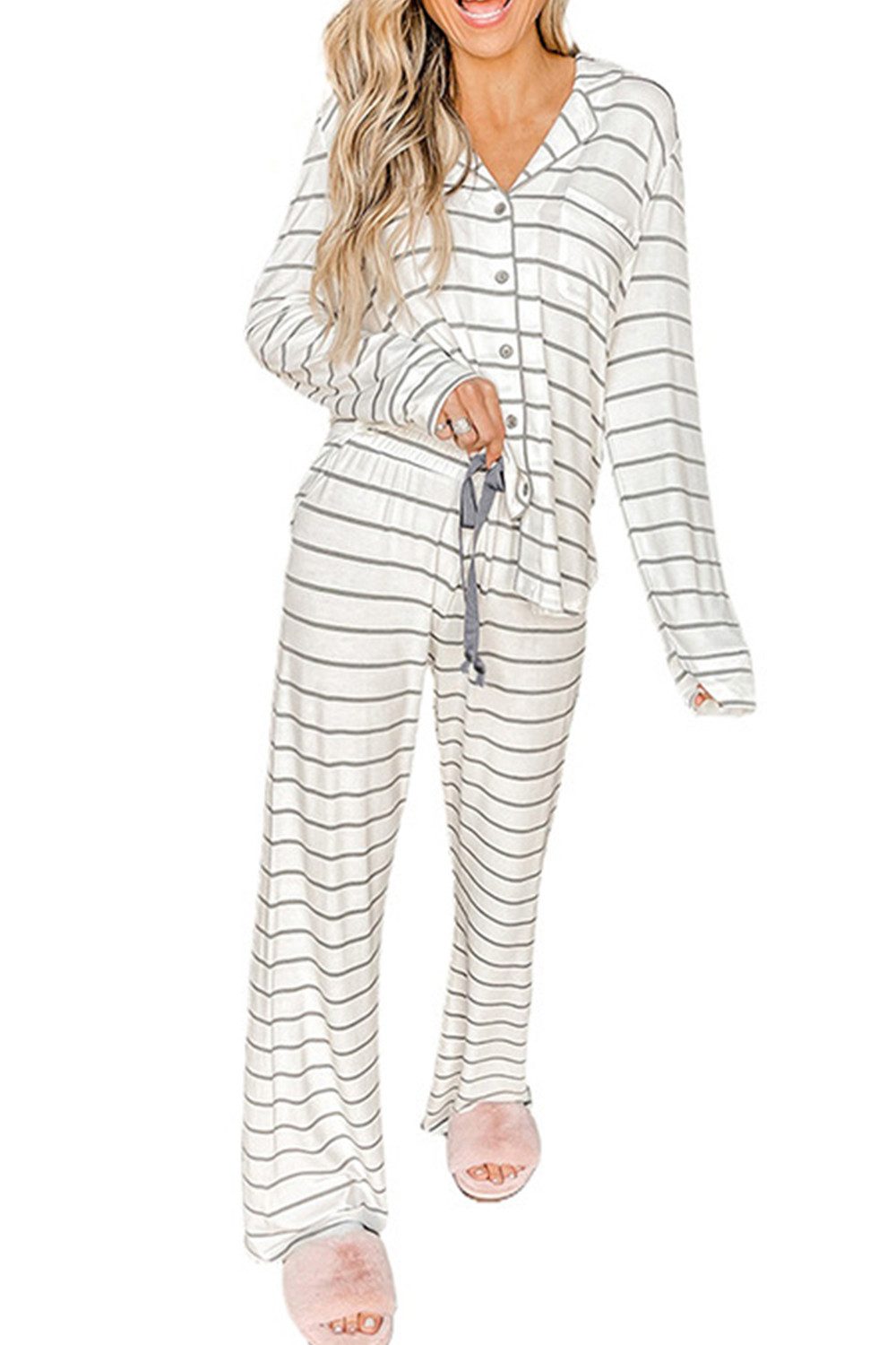 B.X Schlafanzug Damen langen Ärmeln Pyjama Set lässige Heimkleidung gestreifter Pyjama Weißer Revers Knöpfen Leopardenmuster langärmliger Pyjama zweiteiler