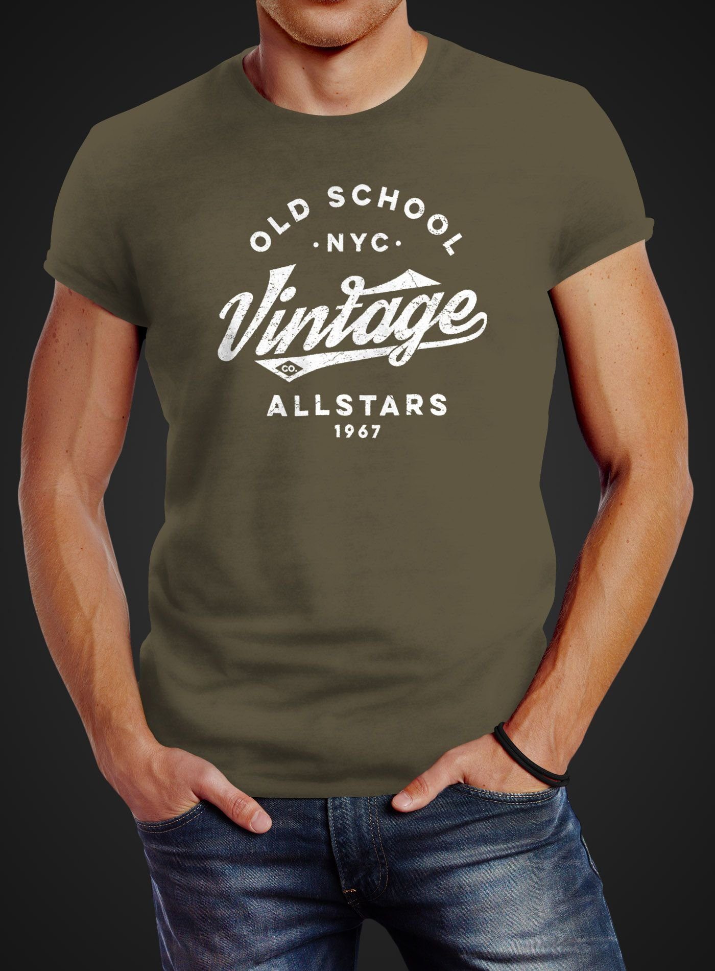 Neverless® Streetstyle grün Neverless Oldschool Style Fashion Print-Shirt Herren Allstars College Print Schriftzug mit Vintage T-Shirt