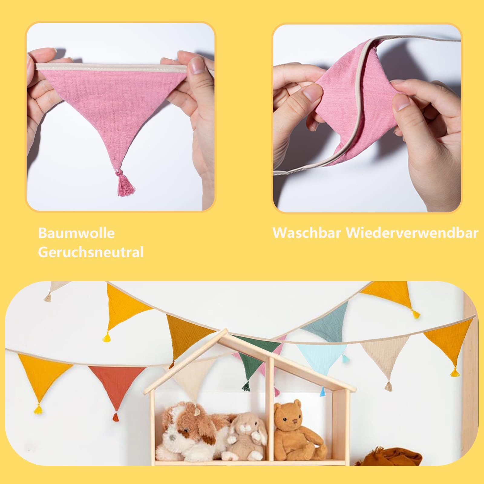 FOUORTUNATE-BEE Wimpelkette 2 Stück Wimpelkette Musselin Baumwolle Stoff Wimpelkette mit Quasten, für Girlanden, Geburtstage, Festpartys, Wanddekoration