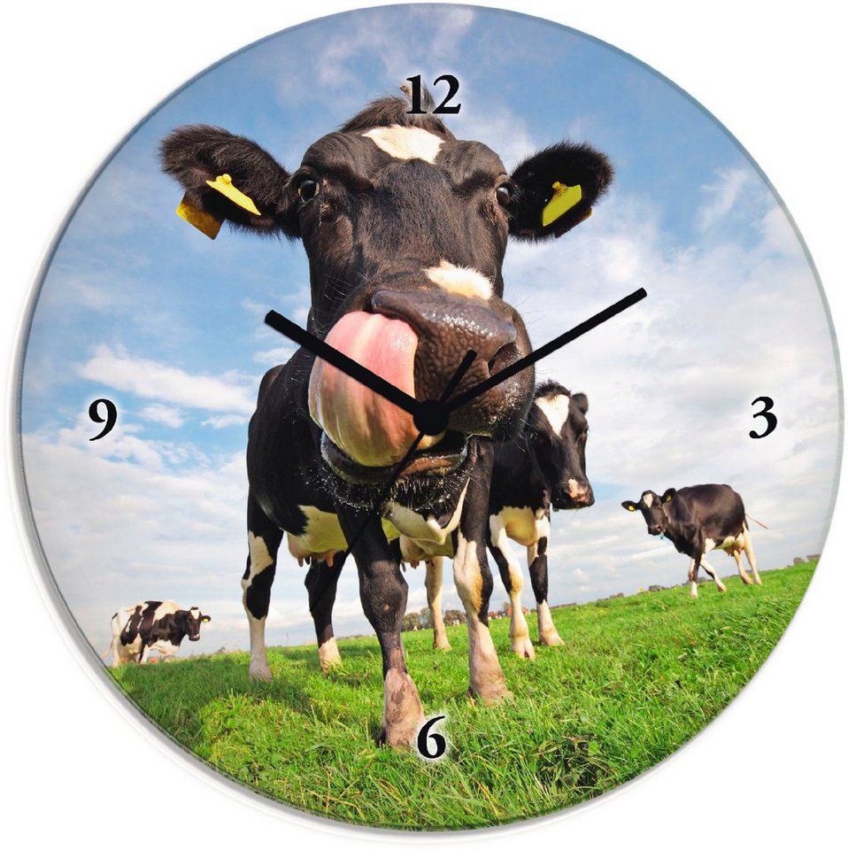 Artland Wanduhr Holstein-Kuh mit gewaltiger Zunge (wahlweise mit Quarz-  oder Funkuhrwerk, lautlos ohne Tickgeräusche), Analoge runde Funk- oder  Quarzuhr aus 4mm Float-Glas