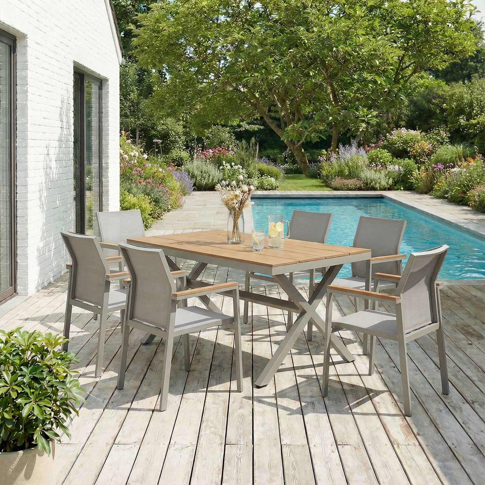IDIMEX Garten-Essgruppe WINDY, Gartenmöbel Set 6 Personen aus Alu und WPC wetterfest champagner
