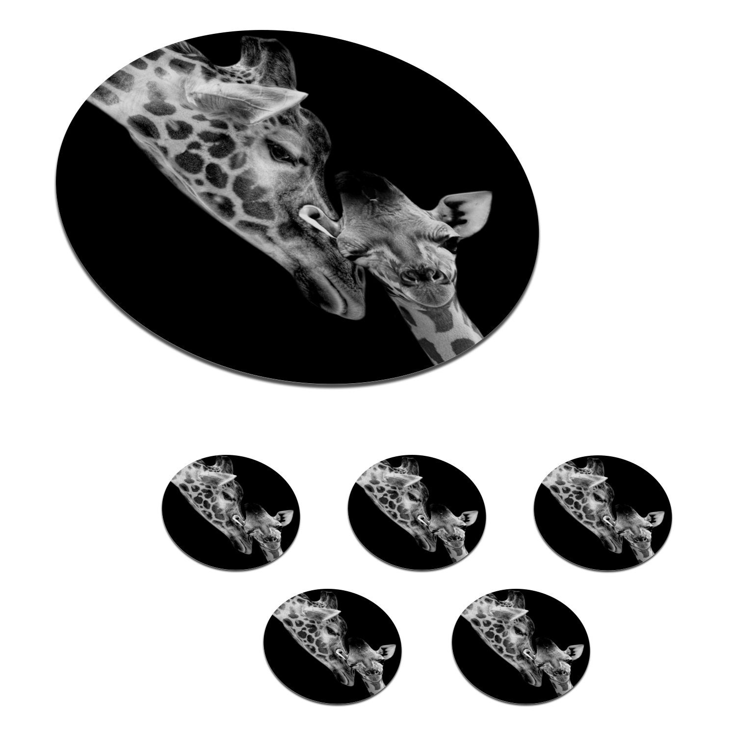 MuchoWow Glasuntersetzer Porträt - Giraffe - Tiere - Schwarz - Weiß, Zubehör für Gläser, 6-tlg., Getränkeuntersetzer, Tassenuntersetzer, Korkuntersetzer, Tasse, Becher