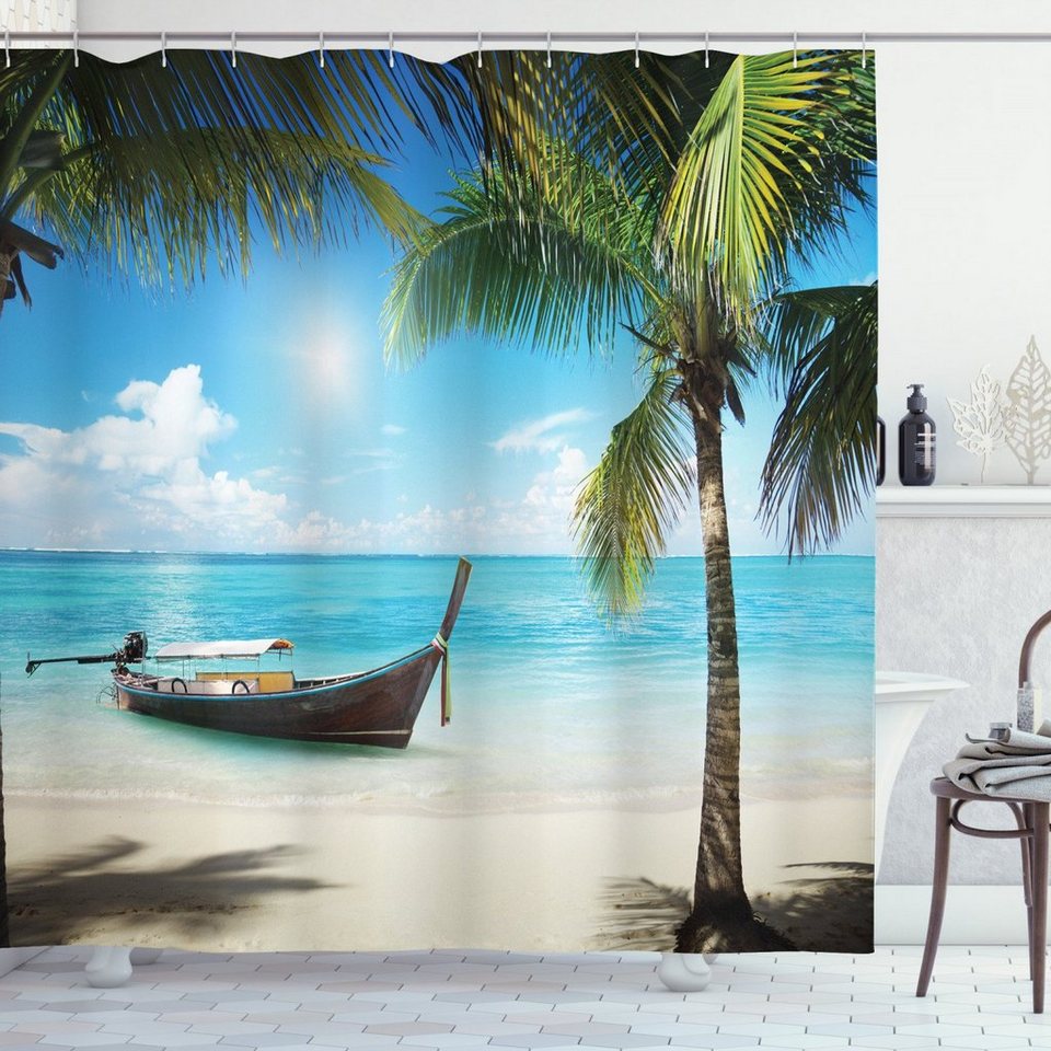 Abakuhaus Duschvorhang Moderner Digitaldruck mit 12 Haken auf Stoff Wasser  Resistent Breite 175 cm, Höhe 180 cm, Angeln Kleines Boot Sunny Ozean