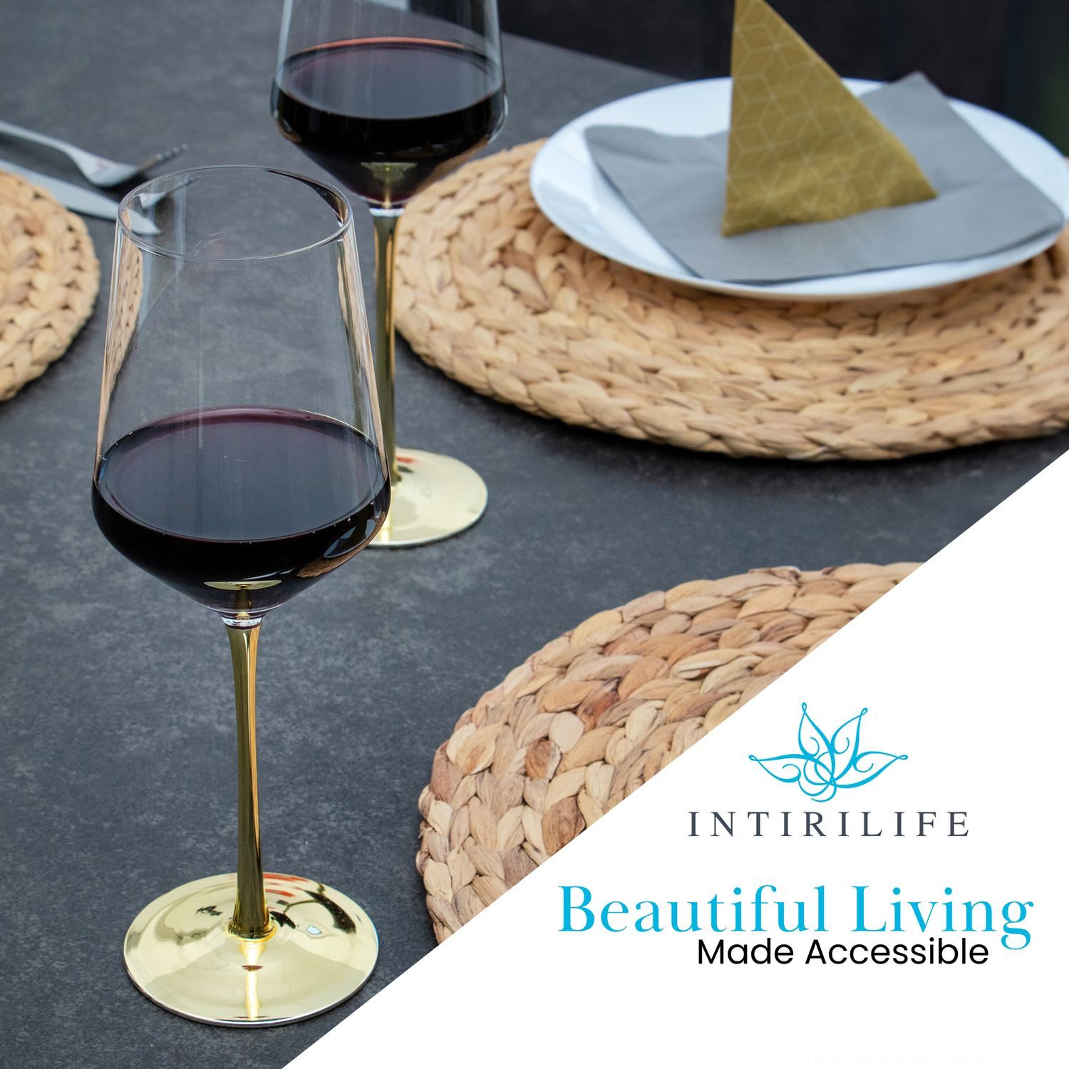 Intirilife Weinglas, 1-tlg., Glas, Wein Glas mit goldfarbenem Stiel 380 ml für Rotwein Weißwein stoßfest