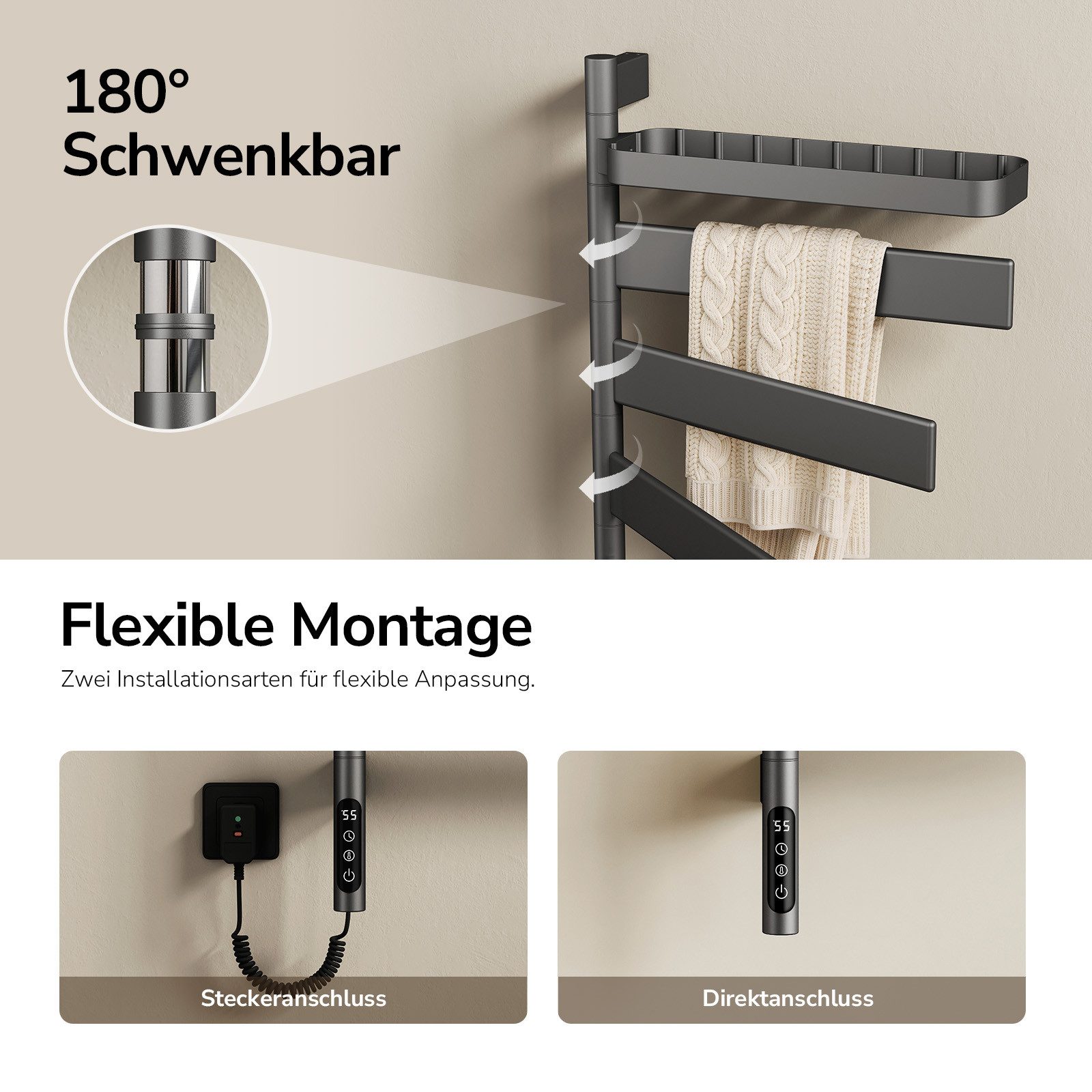 EMKE Elektrischer Badheizkörper Handtuchheizkörper elektrisch mit Thermostat Designheizkörper 76x45 cm, Handtuchtrockner WiFi APP Sprachsteuerung Timer 120W, 769x450mm