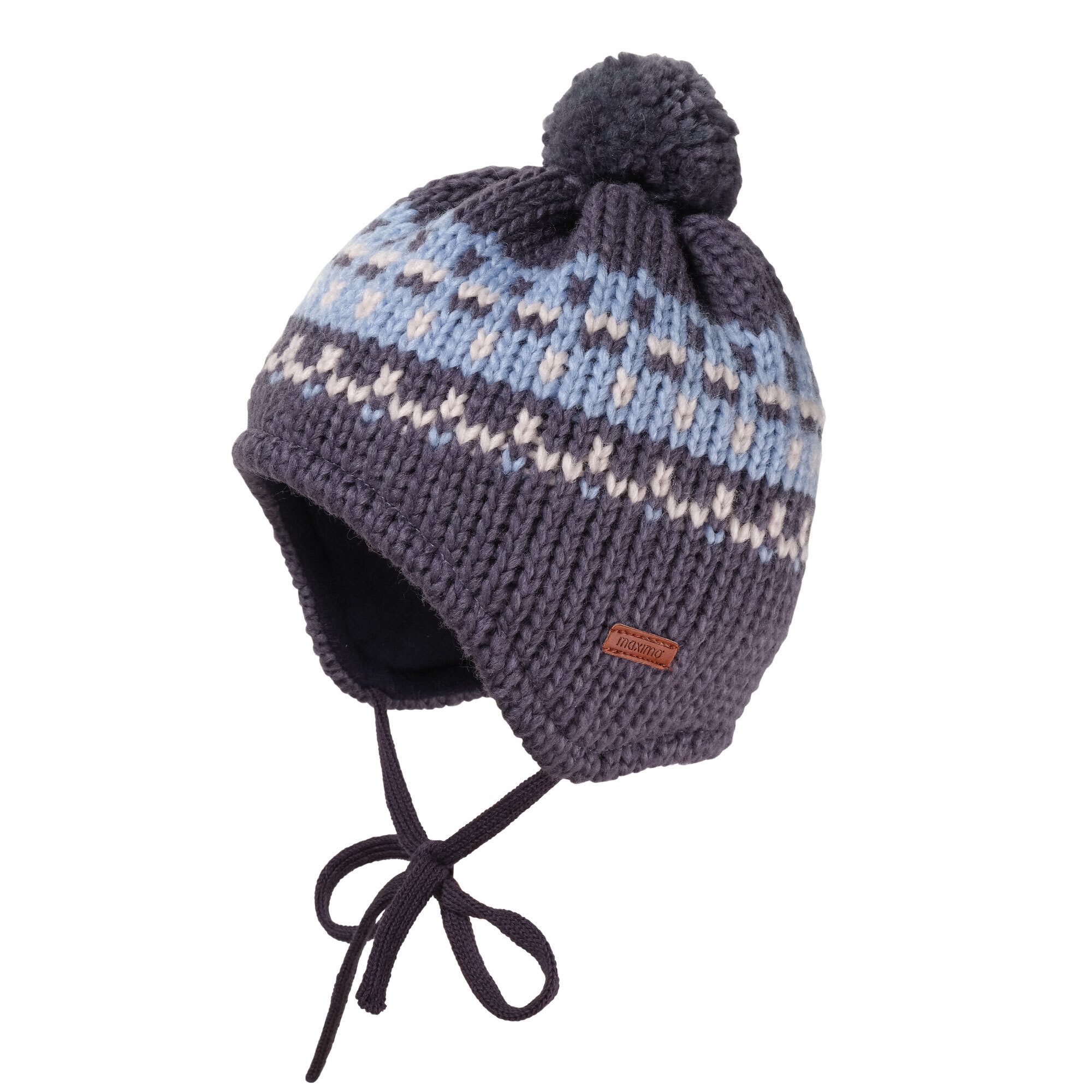 Strickmütze BABY-Mütze, ausgenäht, Pompon Jacquard Grobstrick, Futter