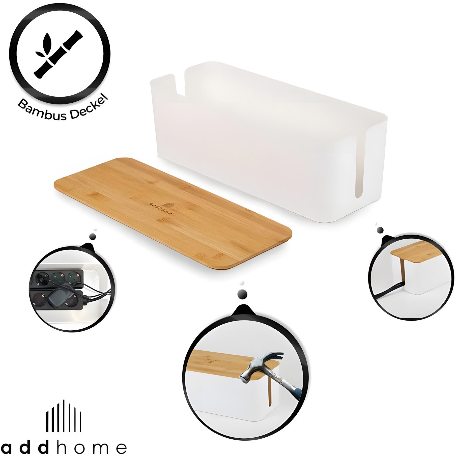 addhome Kabelbox 2er Kabelbox Set Weiß & Bambus Boxen in 40,5x15,5cm & 32x13,5cm inkl., Kabelmanagement Set inkl. Bambusdeckel, Klettbinder & Gummifüße