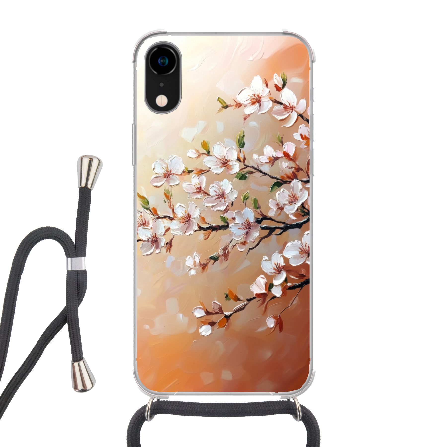 MuchoWow Handyhülle für Apple iPhone XR Blütenzweige - Malerisch - Rosa, Tragbare Handyhüllen mit Kette zum umhängen, Handykette Handyband