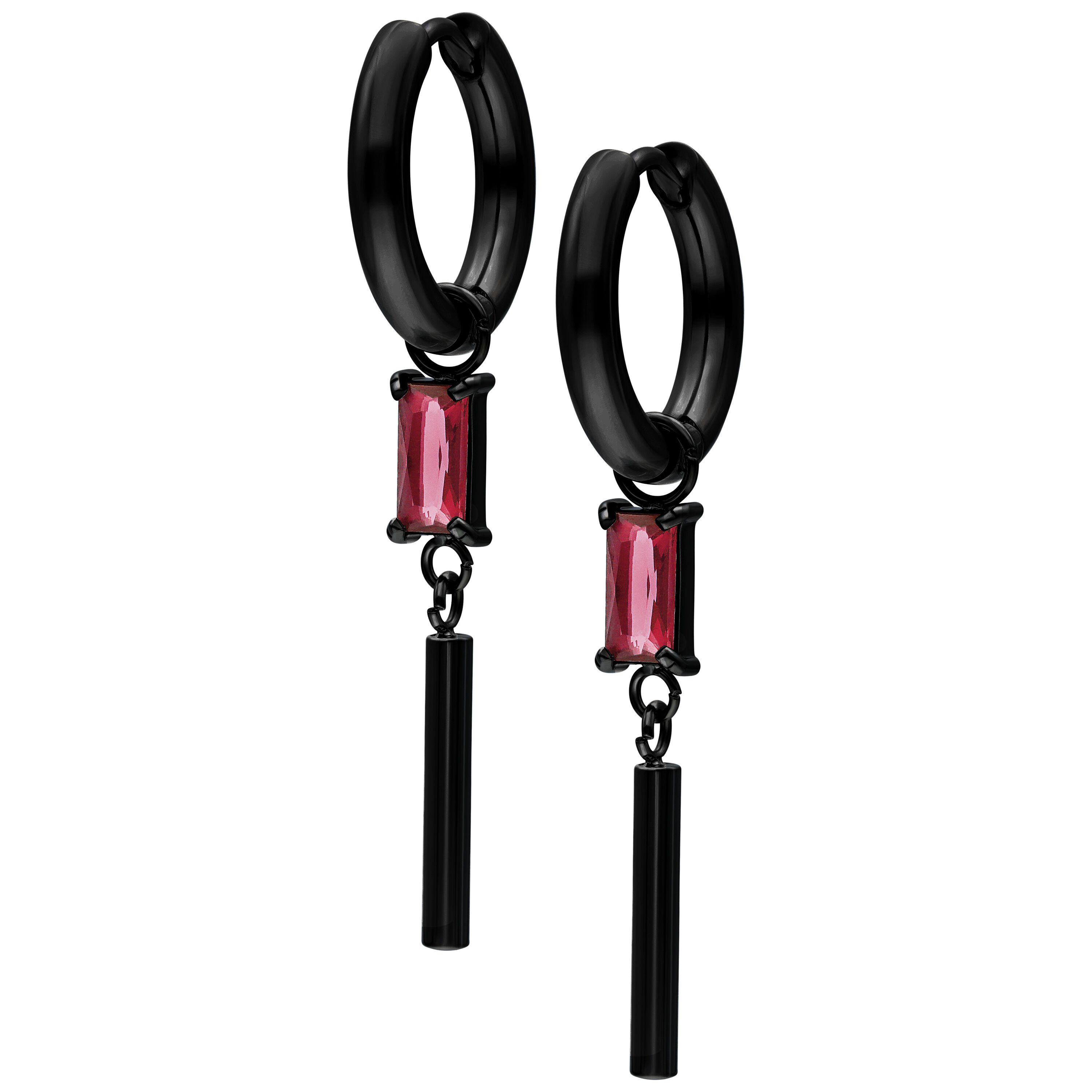 Wildcat Paar Ohrhänger Little Square Crystal Hoops - Schwarz, Siam, Chirurgenstahl 316L - wasserfest, langlebig, hautverträglich