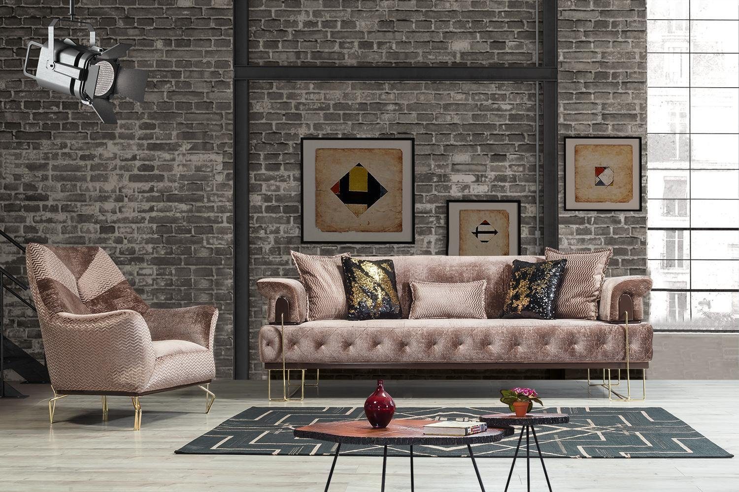 JVmoebel Sofa Braun Couch Sofa Garnitur 3+1 Sitz Chesterfield Wohnzimmer Polster, 2 Teile