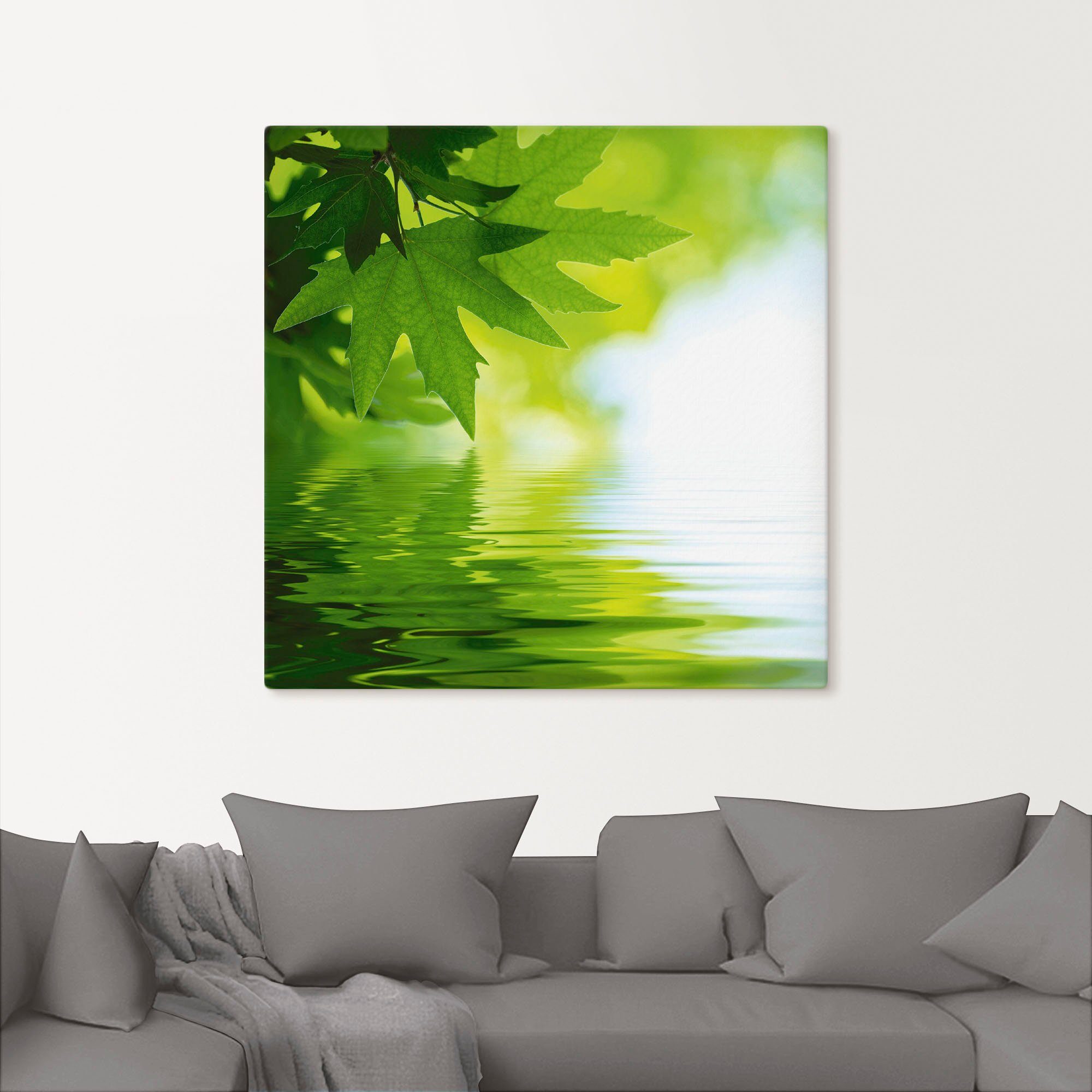 Artland Leinwandbild Grüne Blätter reflektieren im Wasser, Blätter (1 St), auf Holzrahmen gespannt