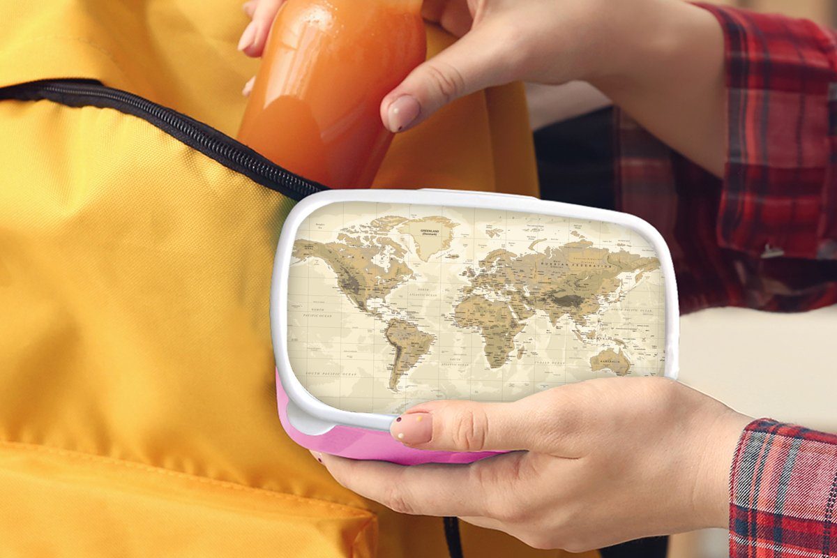 MuchoWow Lunchbox Karte Brotbox Jahrgang, rosa Mädchen, - (2-tlg), Kinder, - Brotdose Erwachsene, für Kunststoff, Kunststoff Welt Snackbox
