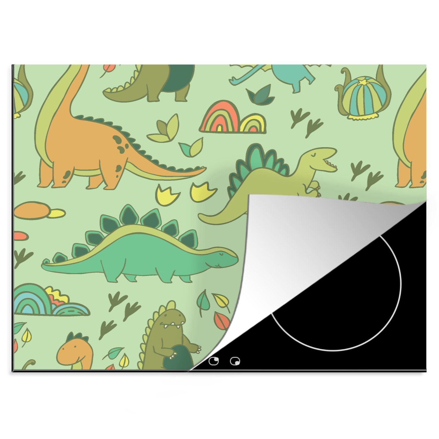 MuchoWow Herdblende-/Abdeckplatte Muster - Dino - Grün - Kleiner Junge - Kind - Kinder, Vinyl, (1 tlg), 60x52 cm, Mobile Arbeitsfläche nutzbar, Ceranfeldabdeckung