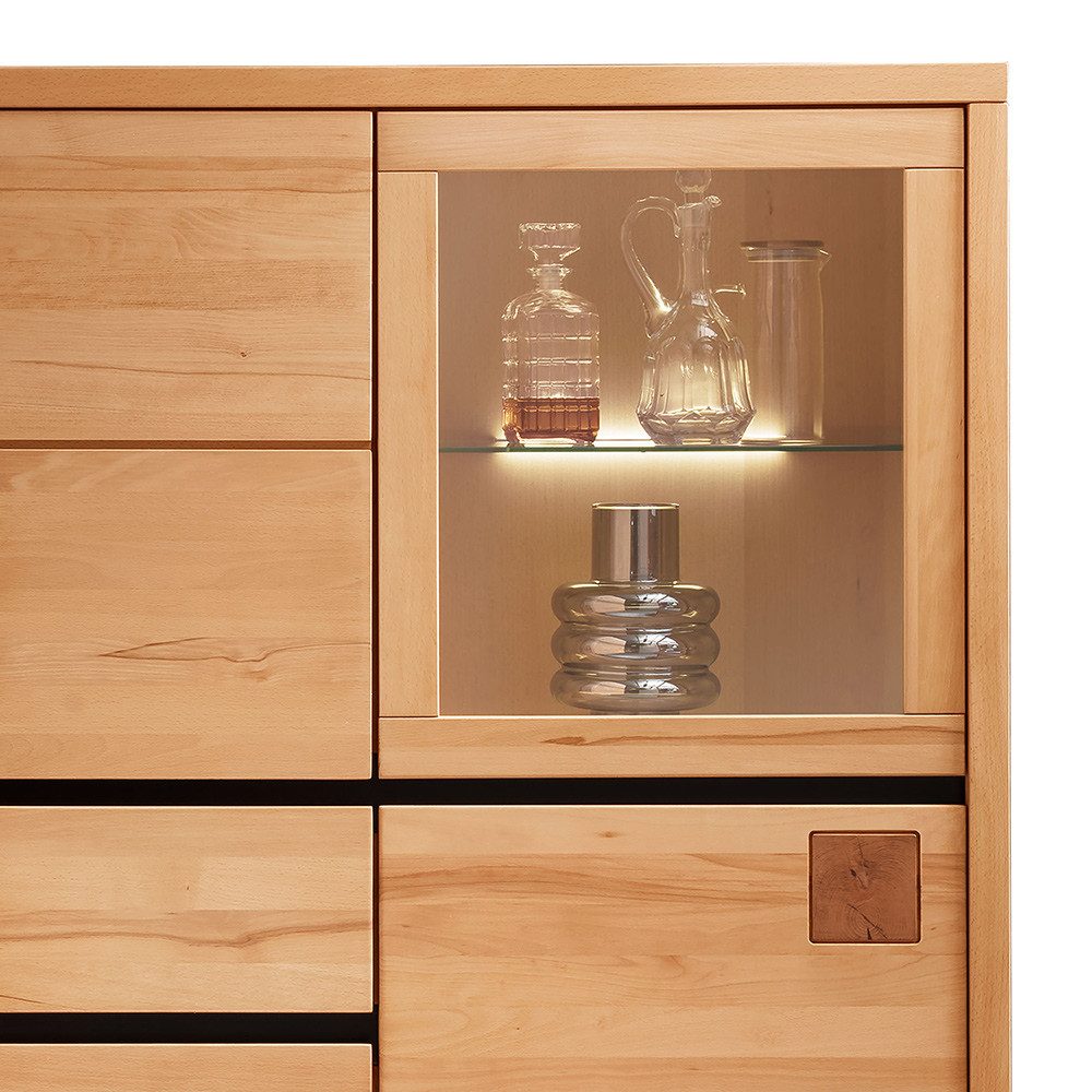 Lomadox Highboard WINCHESTER-69, Standvitrine Schrank 103 cm Buche massiv geölt Hirnholz-Detail